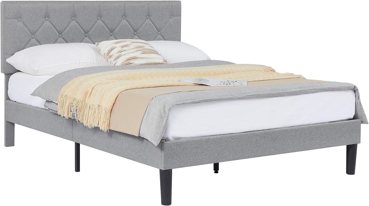 VECELO Queen Size Bed Frame, Upholstered Platform with Adjustable Diamond Tufted Headboard