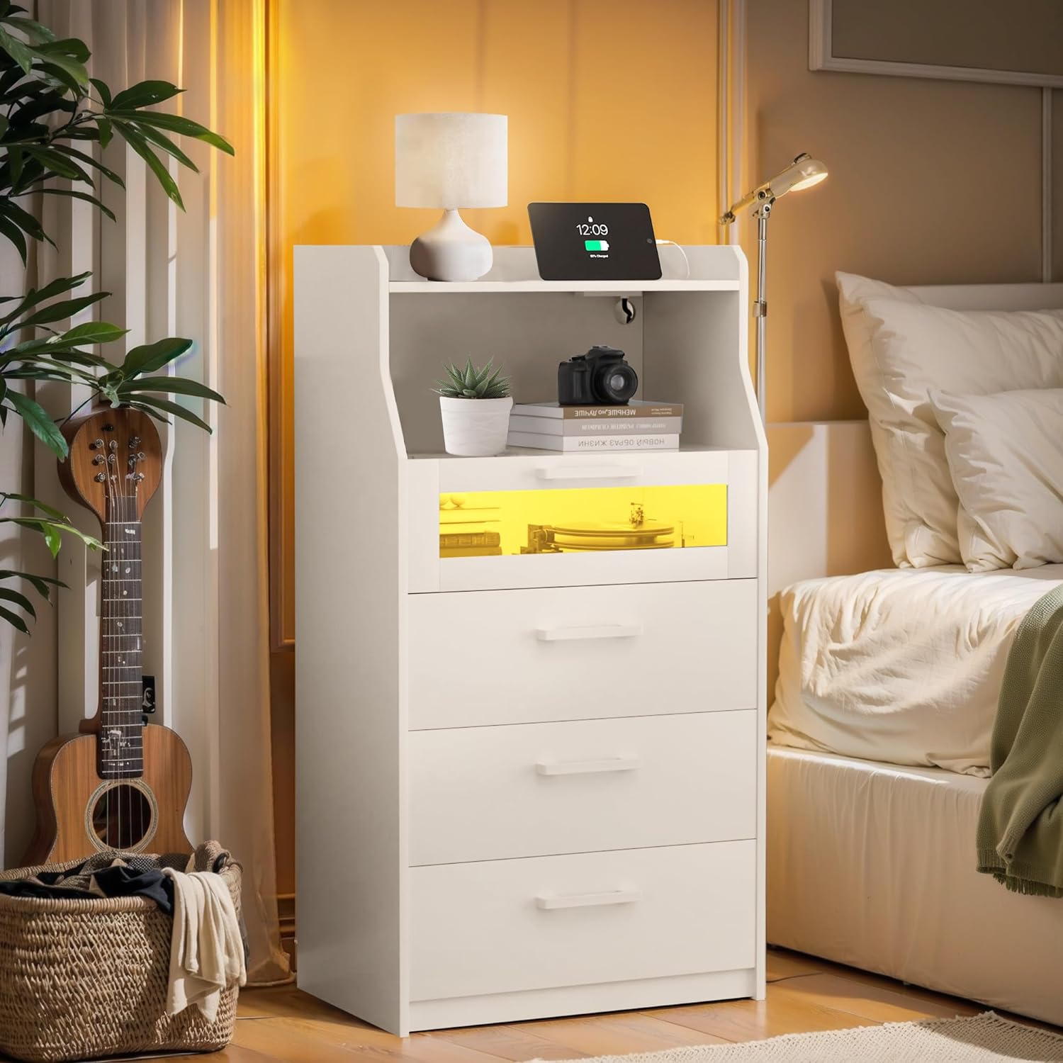 VECELO LED Dresser for Bedroom Tall Chest of 4 Drawers with Power Outlet