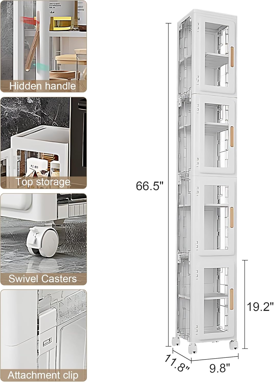 VECELO 4 Tier Tall Plastic Slim Storage Cabinet with Lockable Wheels