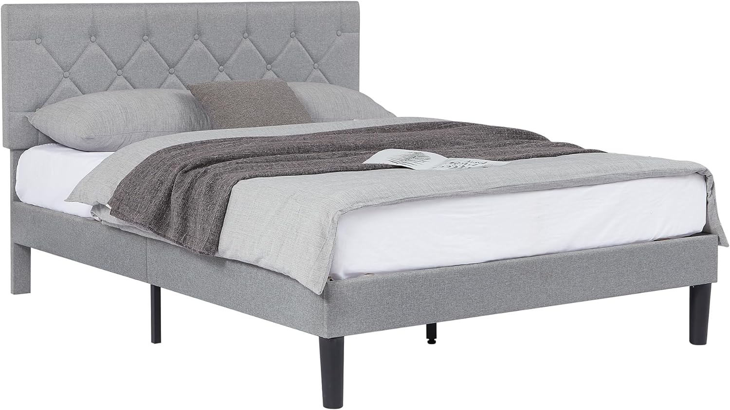 VECELO Queen Size Bed Frame, Upholstered Platform with Adjustable Diamond Tufted Headboard