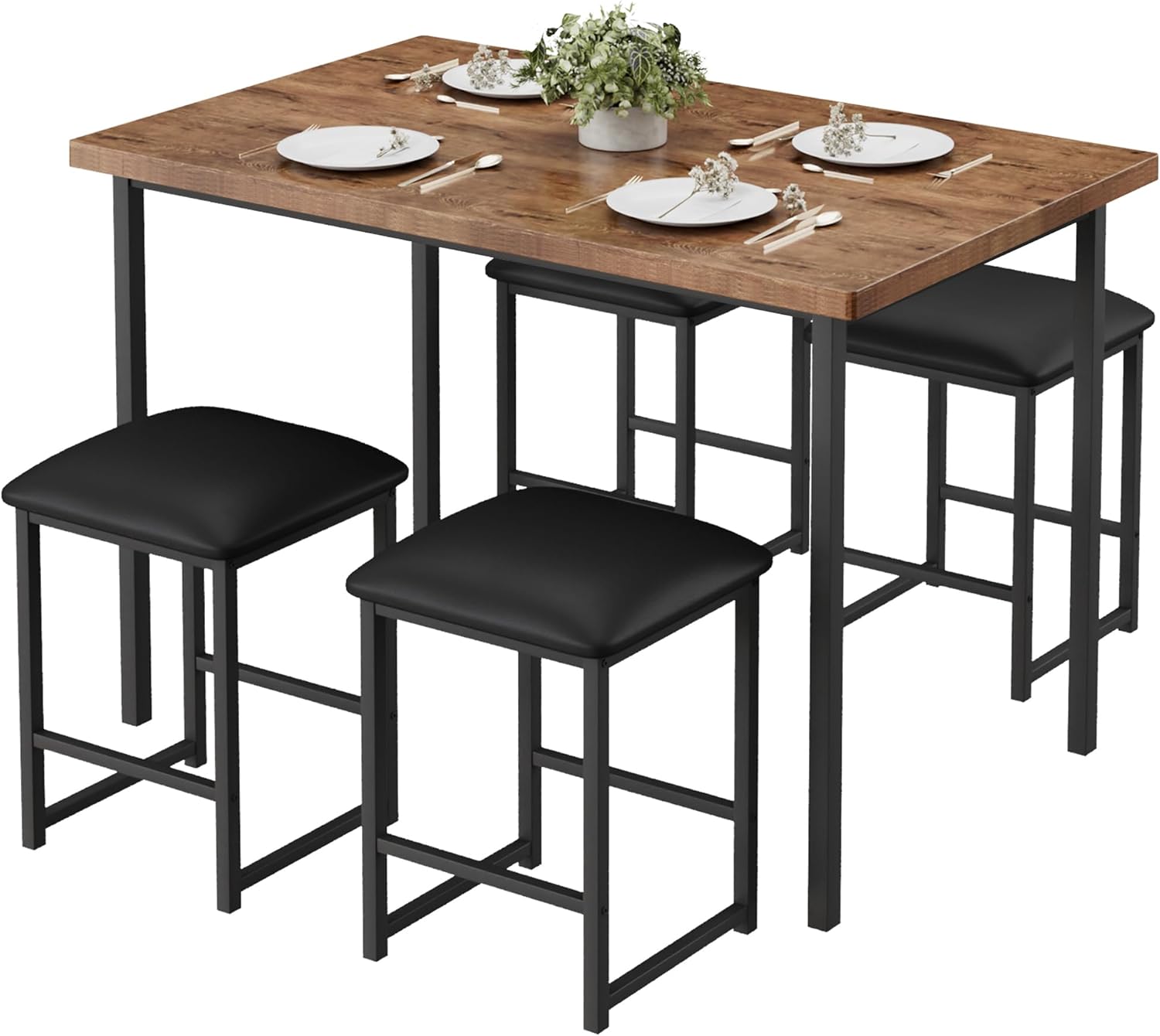 VECELO Kitchen Table and Chairs for 4, Dining Room Set with PU Chairs/Stools