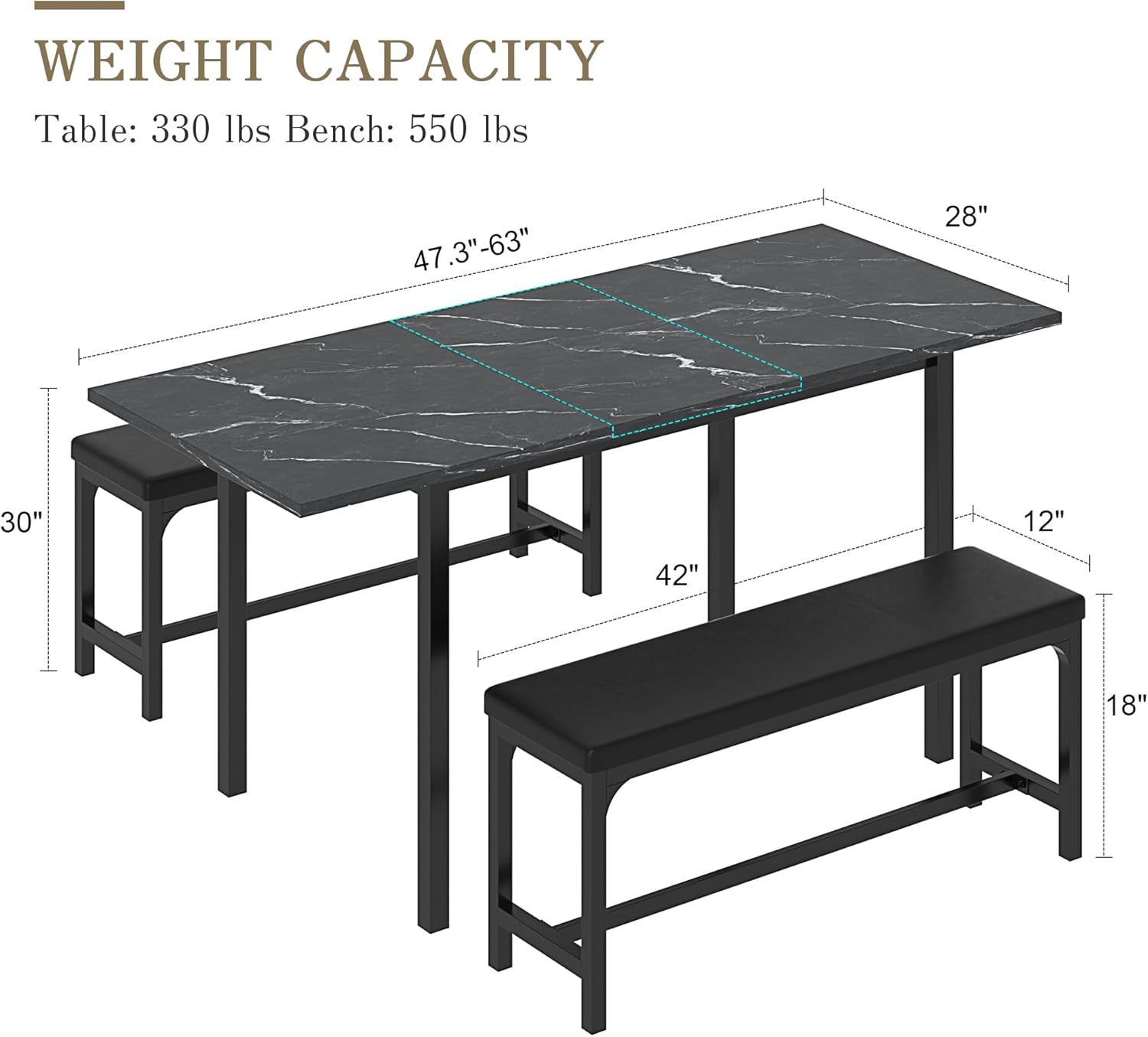 VECELO 3-Piece 63" Extendable Kitchen Table with Benches/Chairs