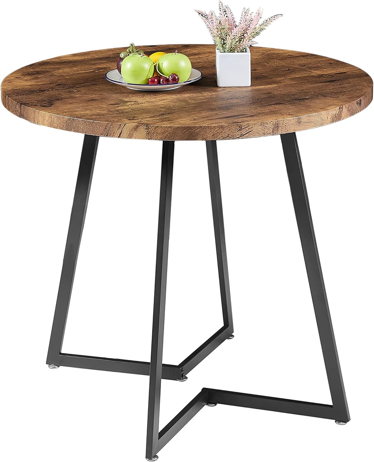 VECELO Round Dining Room Table with Wood Grain Tabletop and Steel Frame