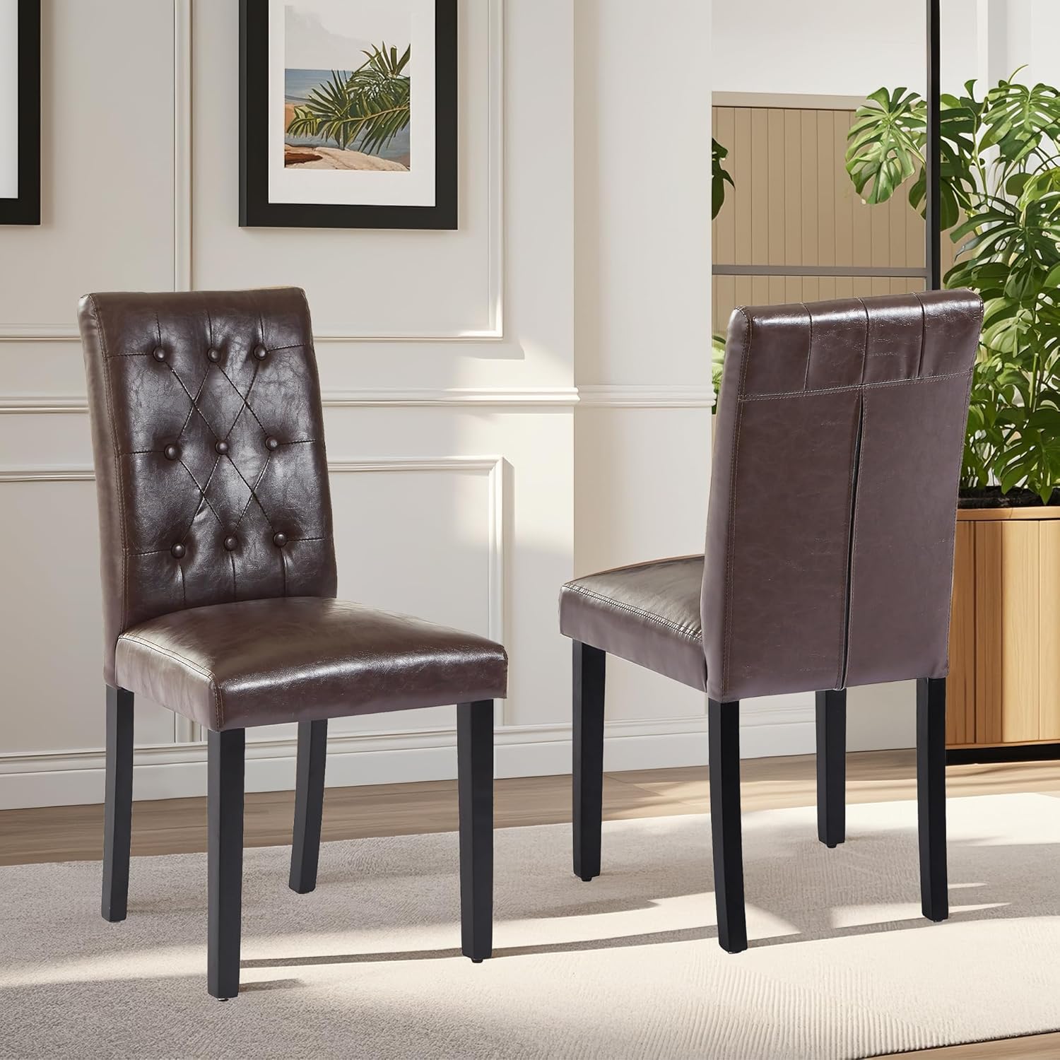 VECELO Upholstered Dining Chairs Set of 2 Button Tufted Back, Padded Seat, Wood Legs with Rubber Footpads