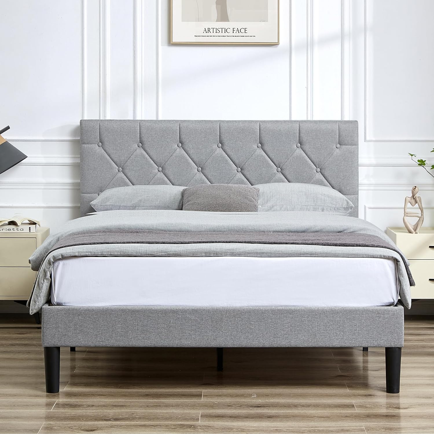 VECELO Queen Size Bed Frame, Upholstered Platform with Adjustable Diamond Tufted Headboard