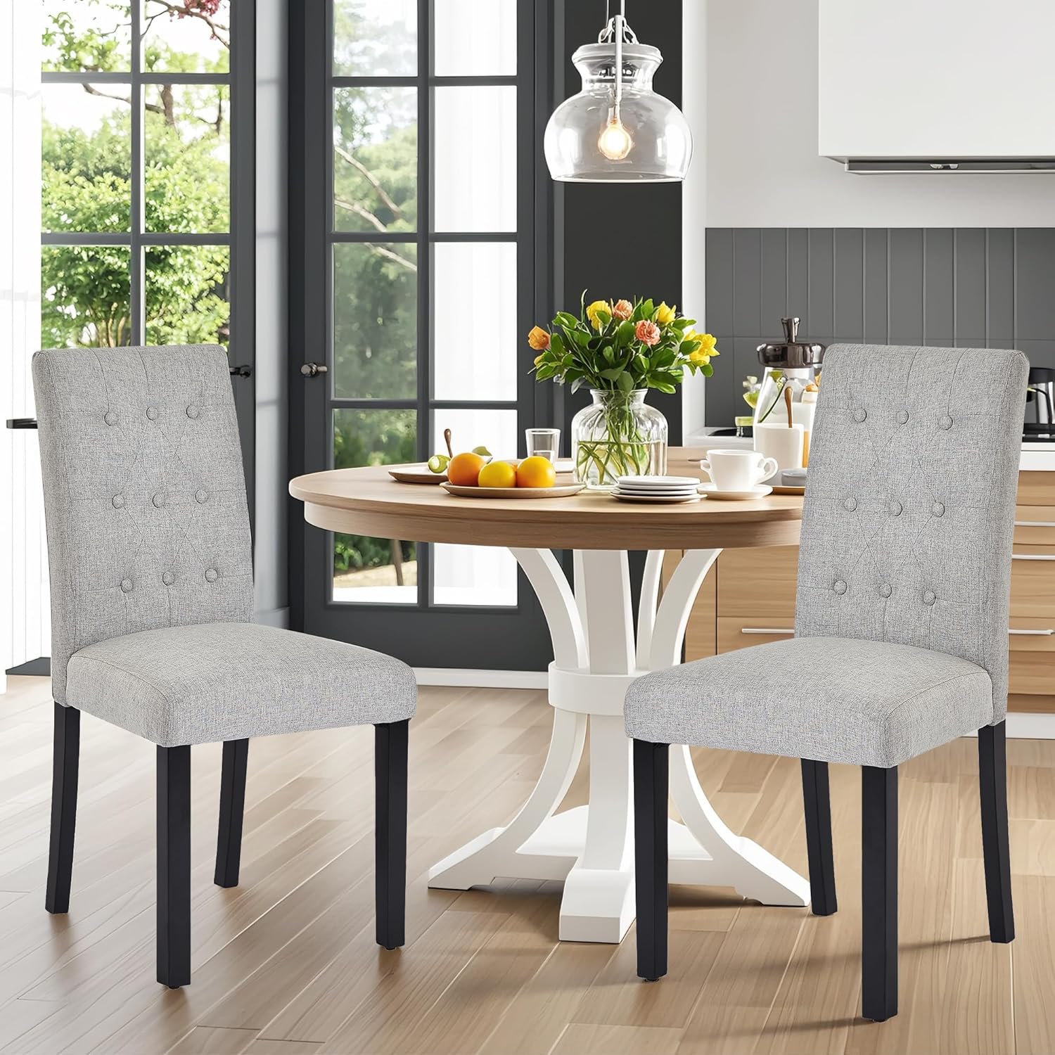 VECELO Upholstered Dining Chairs Set of 2 Button Tufted Back, Padded Seat, Wood Legs with Rubber Footpads