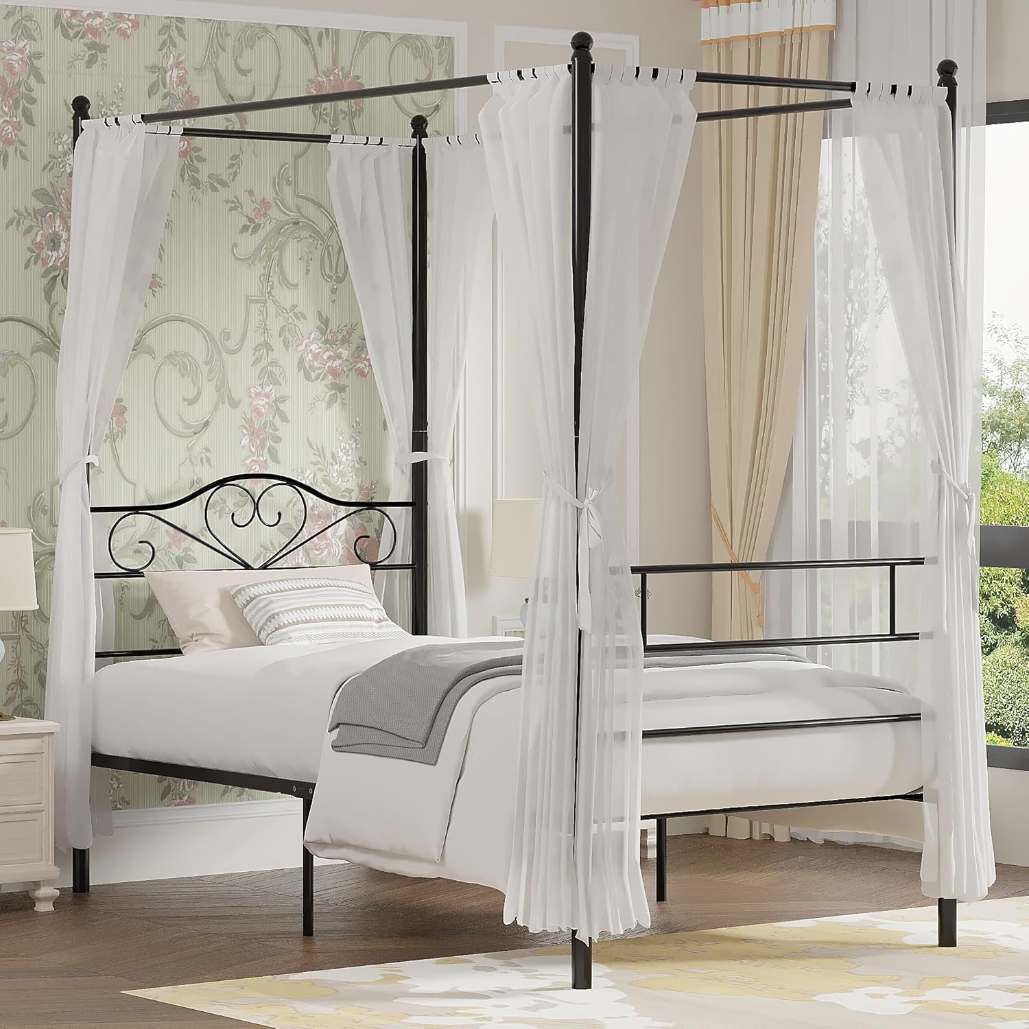 VECELO Twin Canopy Bed Frame with Headboard and Footboard