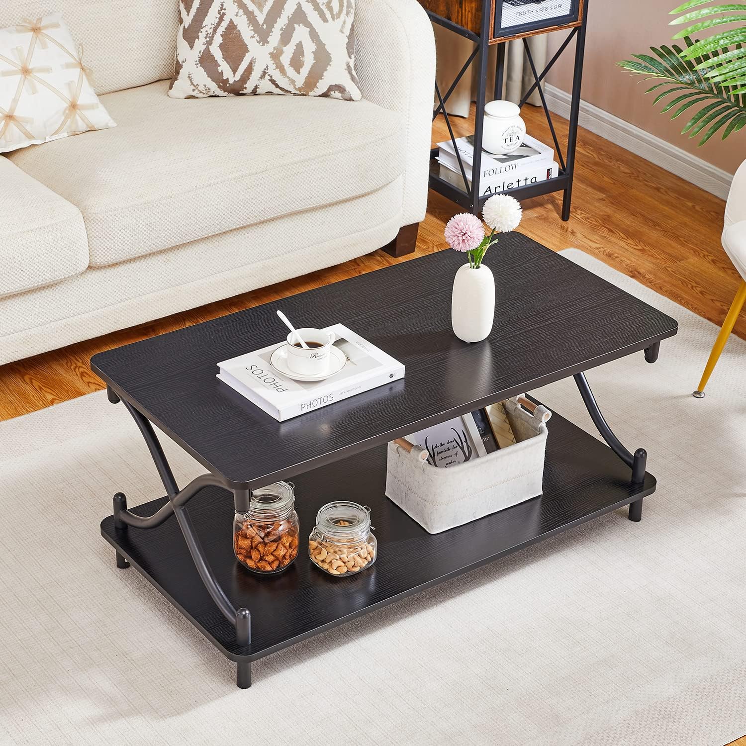 VECELO 39-Inch Coffee Table with Storage and Open Shelves