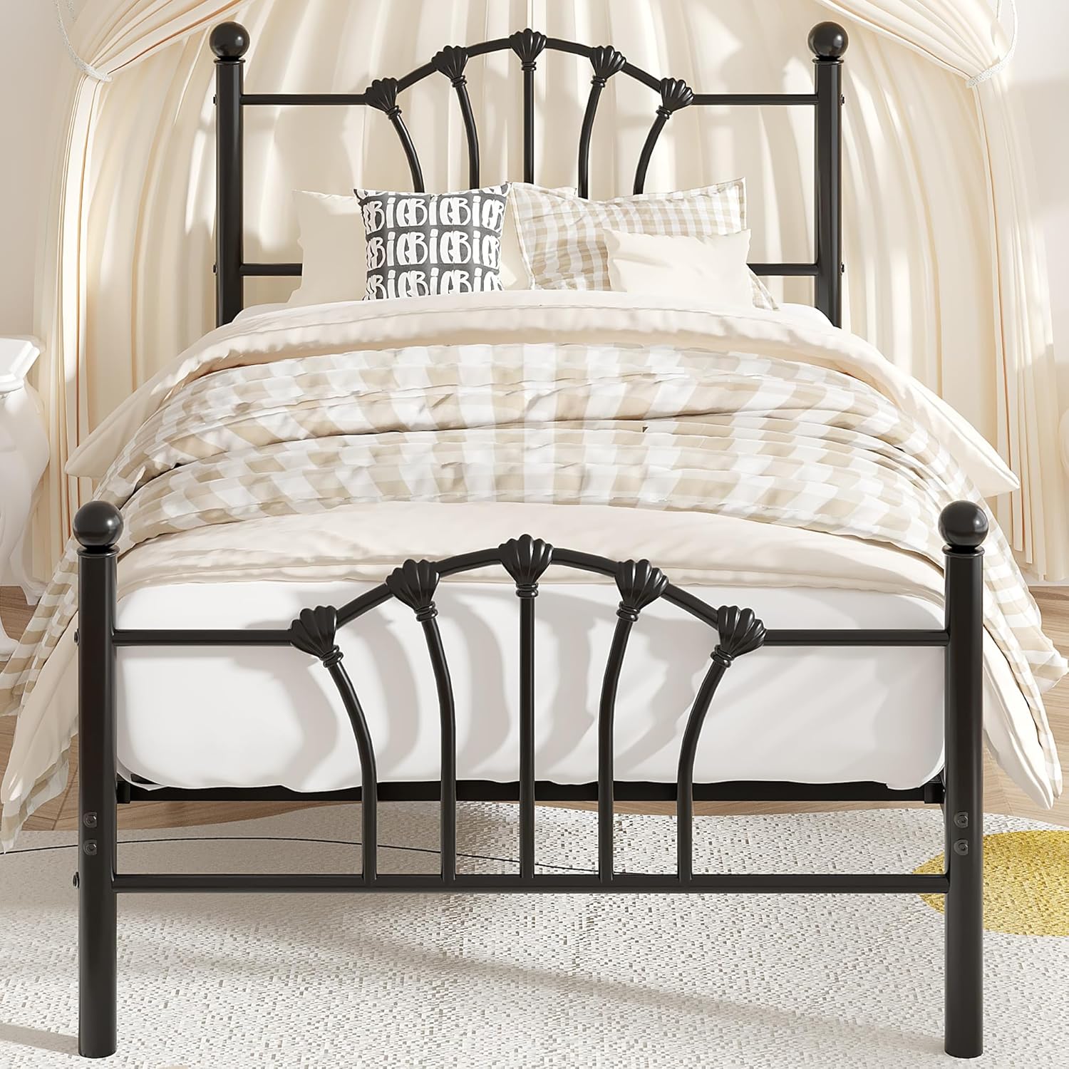 VECELO Twin Size Metal Bed Frame with Shell Headboard and Footboard