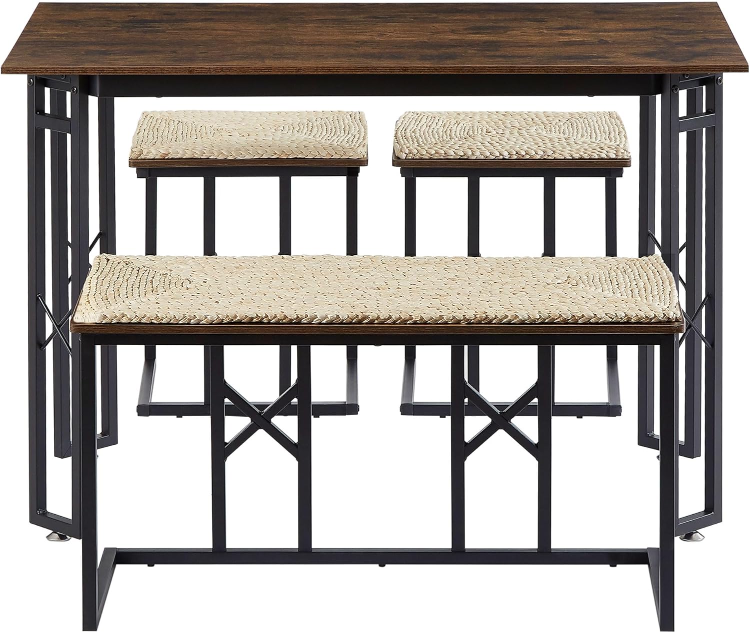 VECELO 43.3" Farmhouse Room Sets for 4 with 3 Benches Wicker-Knot Cushions