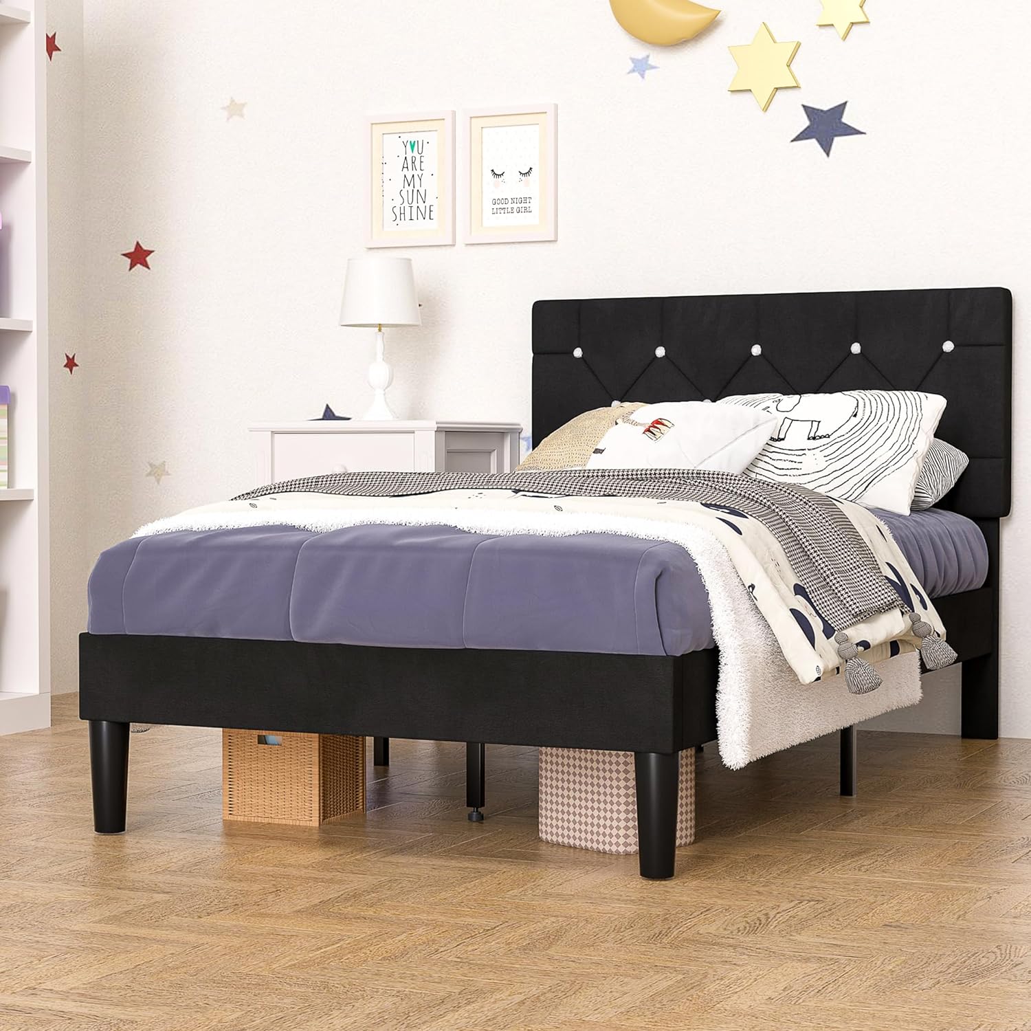 VECELO Queen Size Bed Frame, Upholstered Platform with Adjustable Diamond Tufted Headboard