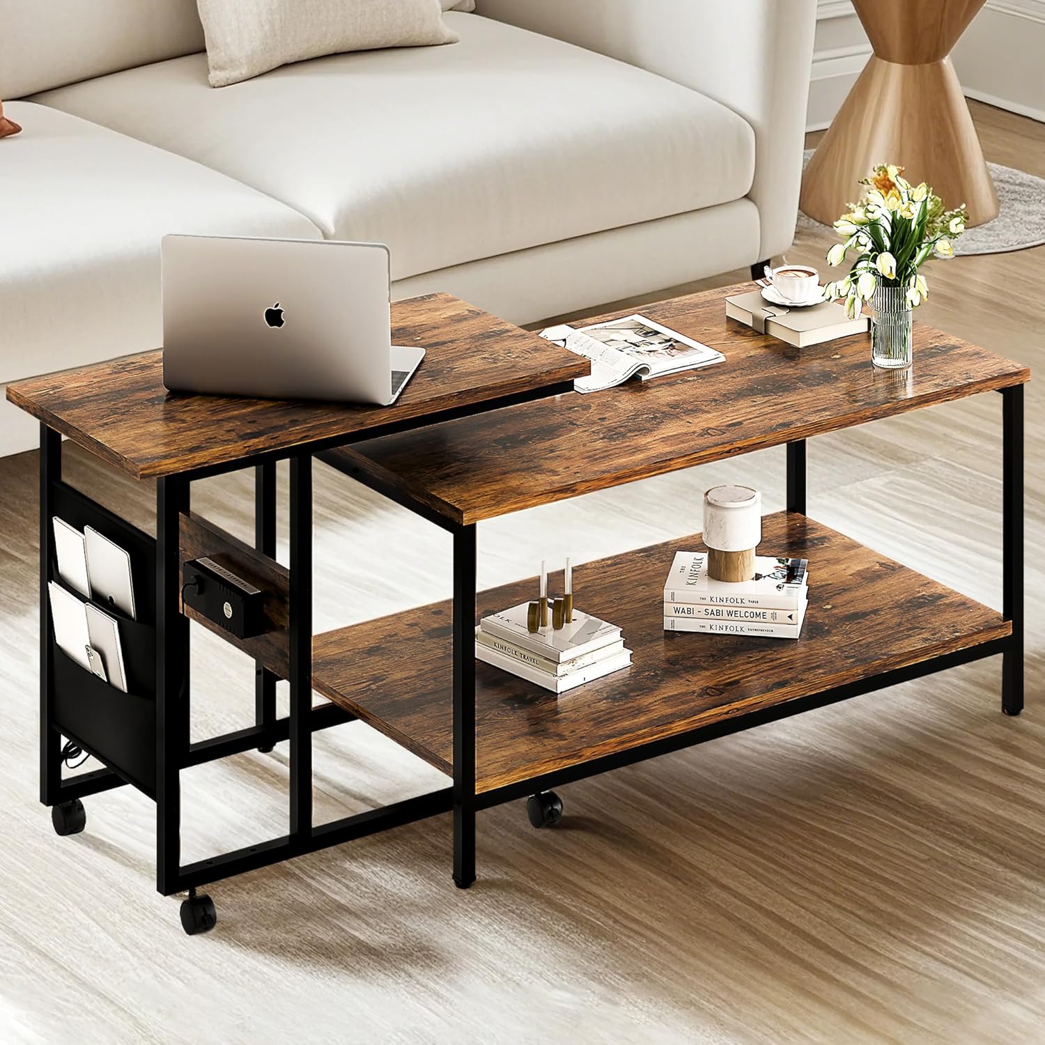 VECELO Coffee Table, Adjustable Coffee Table Set of 2 with End Table for Living Room