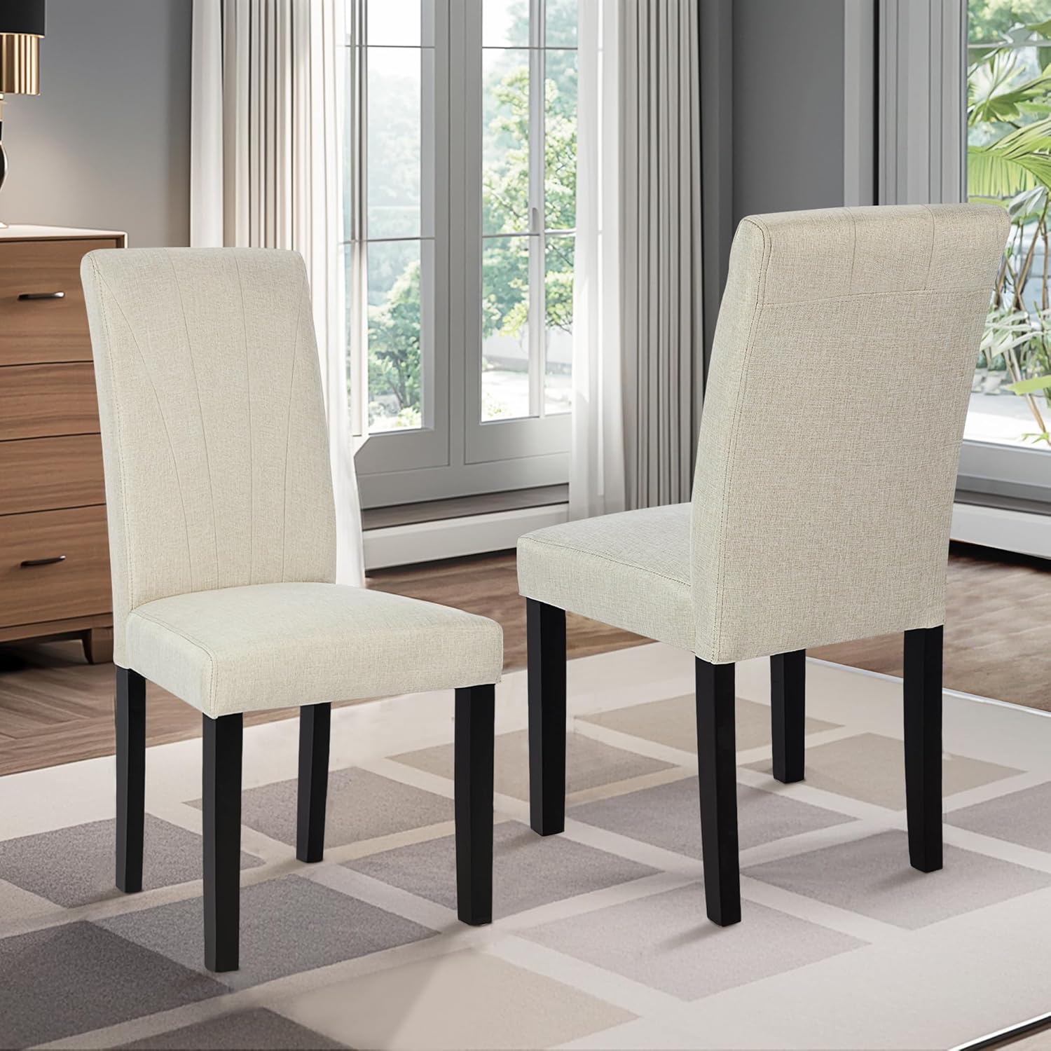 VECELO Set of 2 Upholstered Dining Chairs, Modern Fabric and Solid Wood Legs & High Back