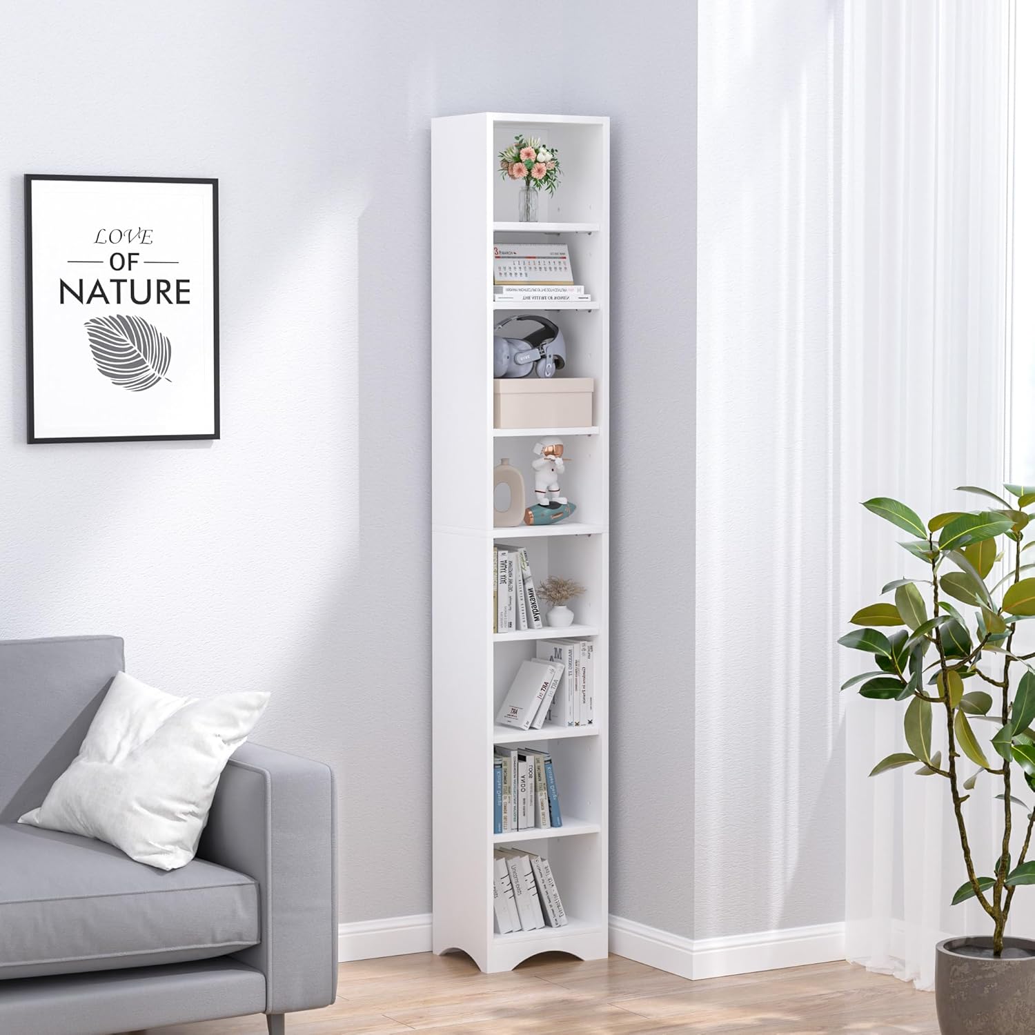 VECELO Tall Narrow Bookcase with Adjustable Shelves – Stylish Slim Storage Cabinet with Moisture-Resistant Base and Space-Saving Design for Home Office – Elegant White Finish