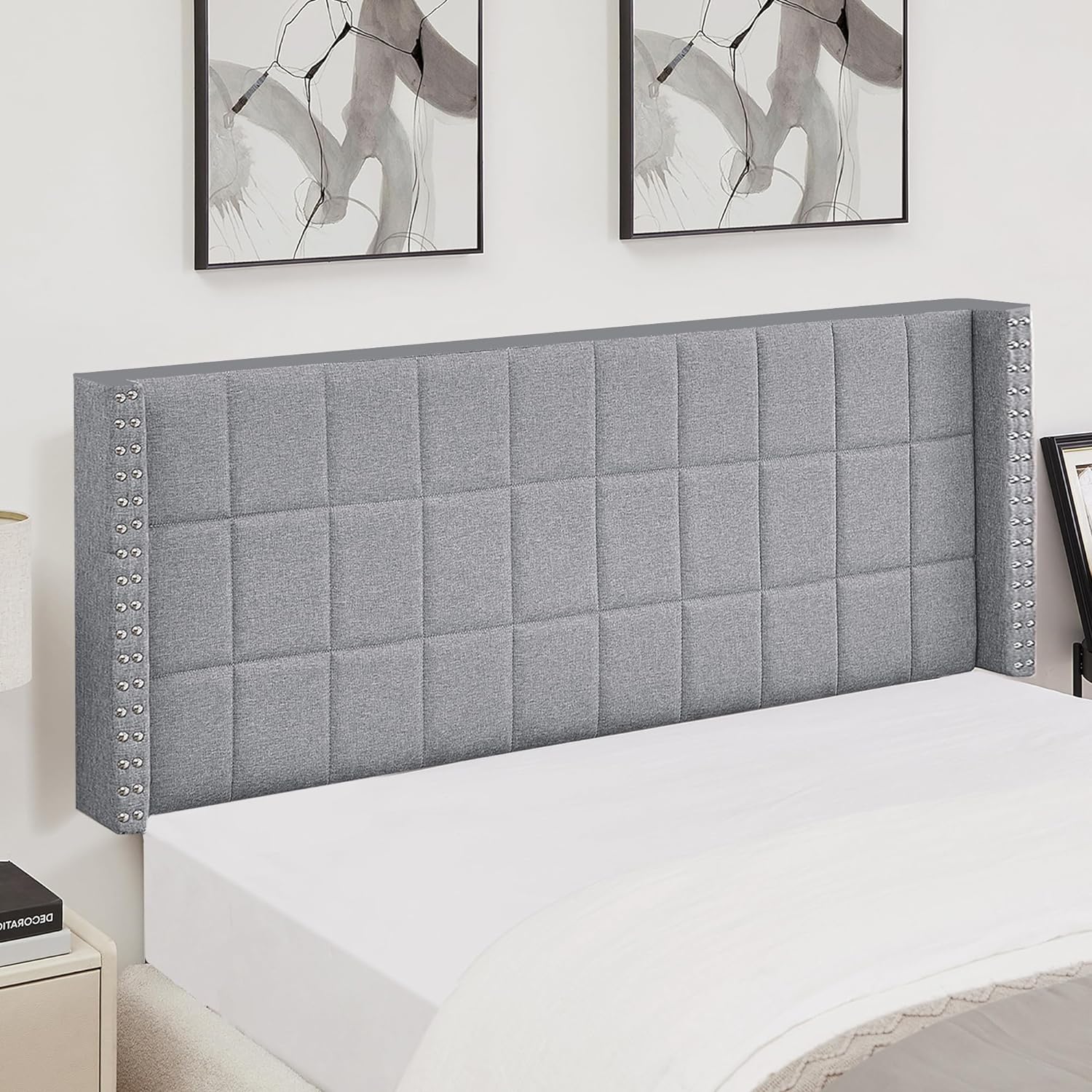 VECELO Linen Upholstered Headboard for Queen/King Size Bed, Tufted Nailhead & Double Wingback for Bedroom