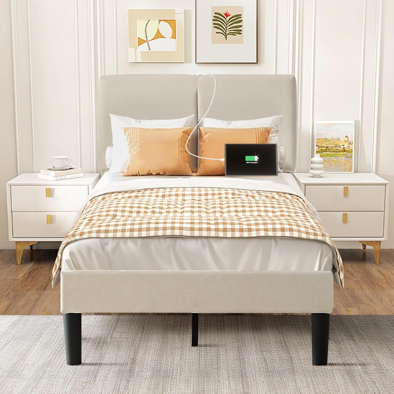 VECELO Twin/Full/Queen Bed Frame Upholstered Platform with Type-C & USB Ports Height-Adjustable Cotton and Linen Headboard