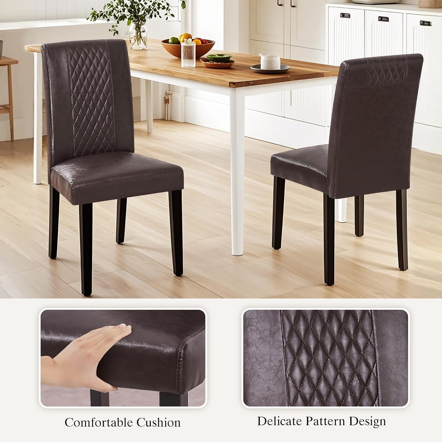 VECELO Dining Chairs Set of 2, Upholstered Fabric Wood Legs High Back for Kitchen Living Room