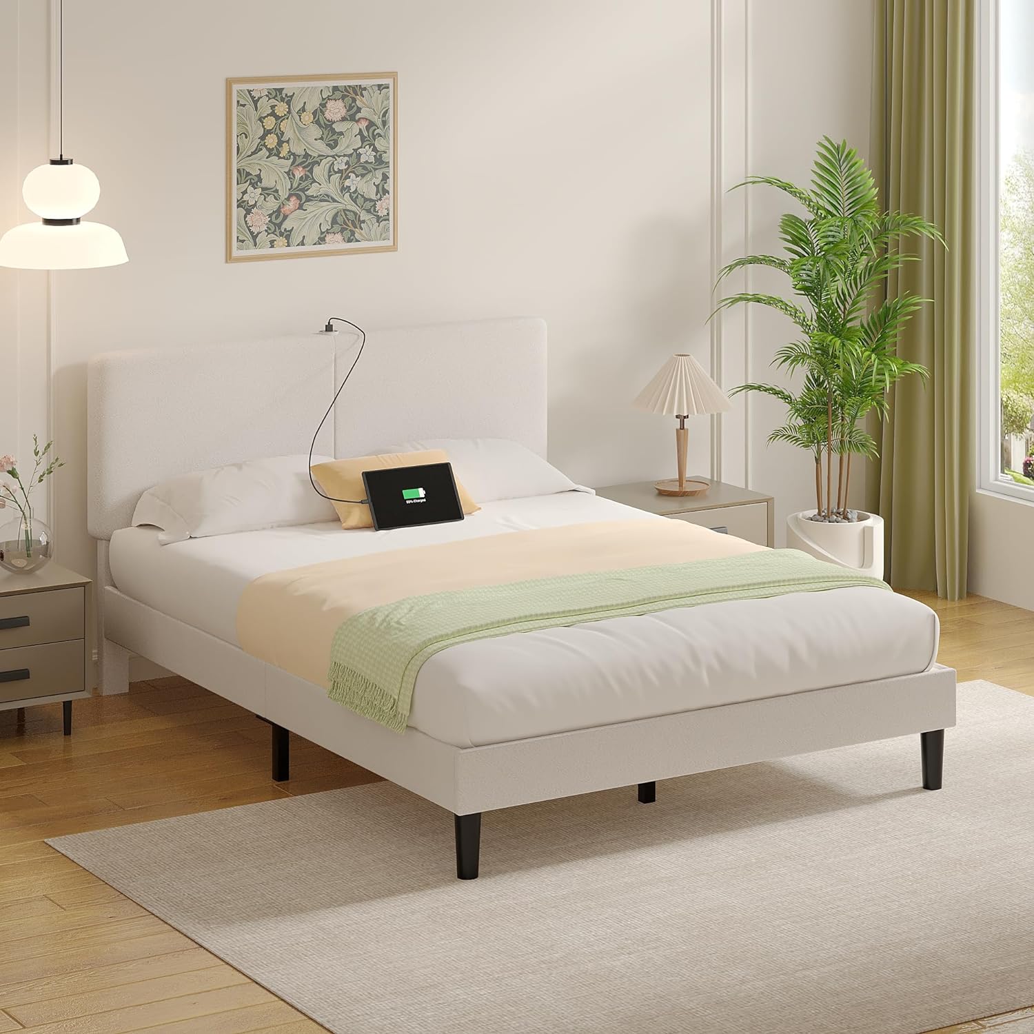 VECELO Twin/Full/Queen Bed Frame Upholstered Platform with Type-C & USB Ports Height-Adjustable Cotton and Linen Headboard