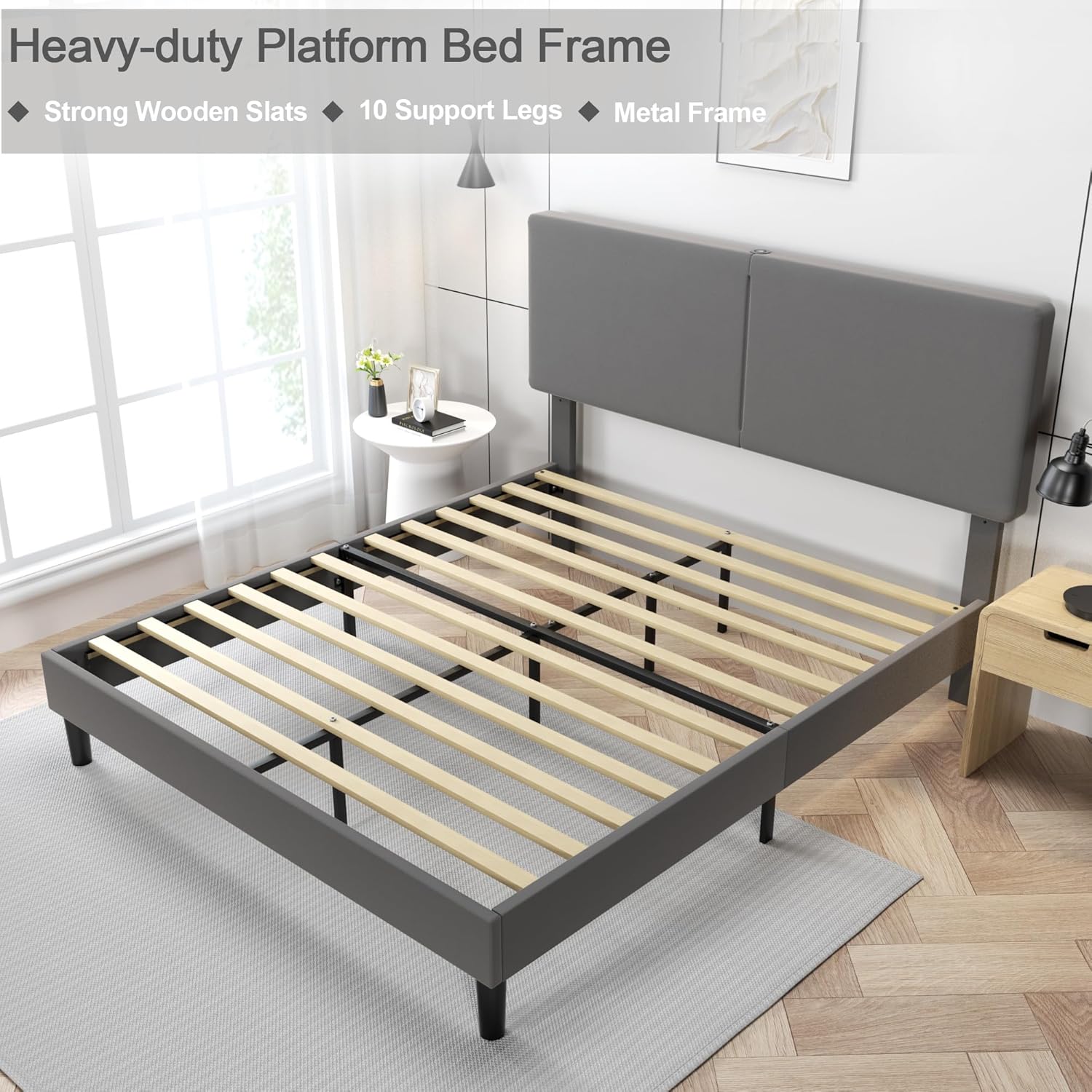 VECELO Twin/Full/Queen Bed Frame Upholstered Platform with Type-C & USB Ports Height-Adjustable Cotton and Linen Headboard