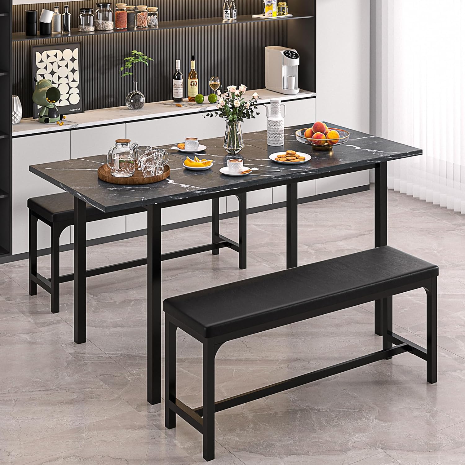 VECELO 3-Piece 63" Extendable Kitchen Table with Benches/Chairs