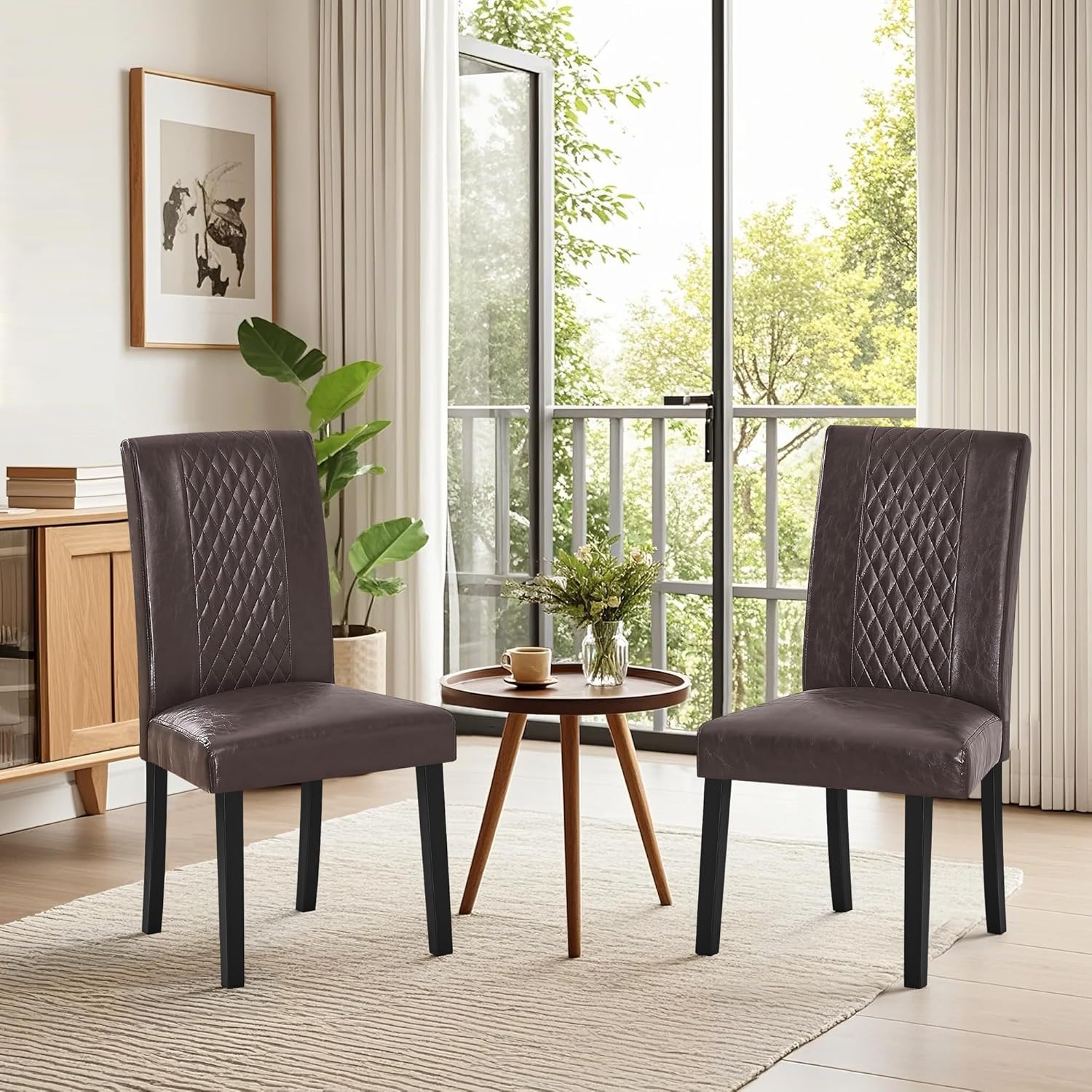 VECELO Dining Chairs Set of 2, Upholstered Fabric Wood Legs High Back for Kitchen Living Room