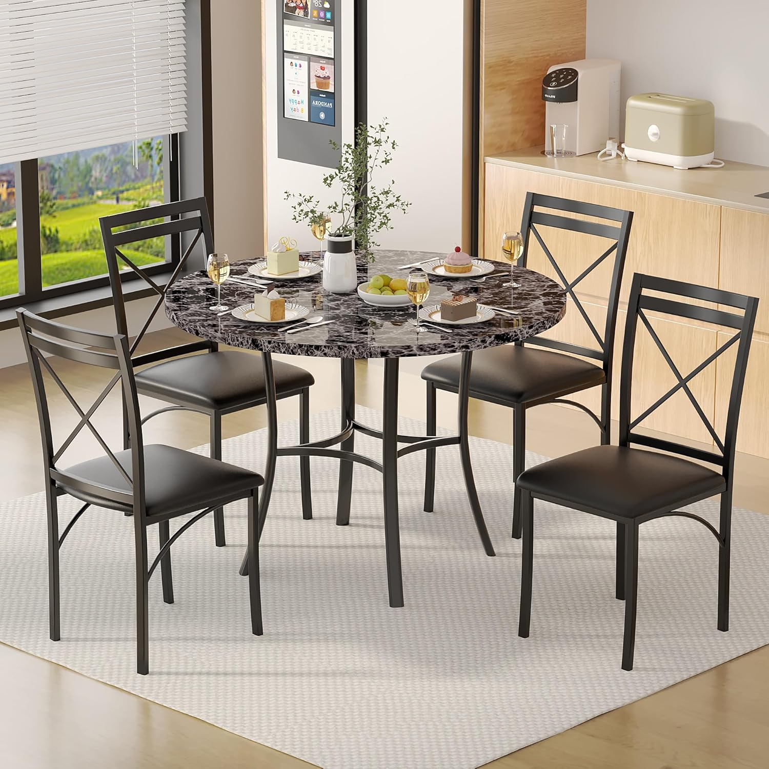 VECELO 36" Round Dining Table for 4, Faux Marble Dinette with Metal Frame for Kitchen