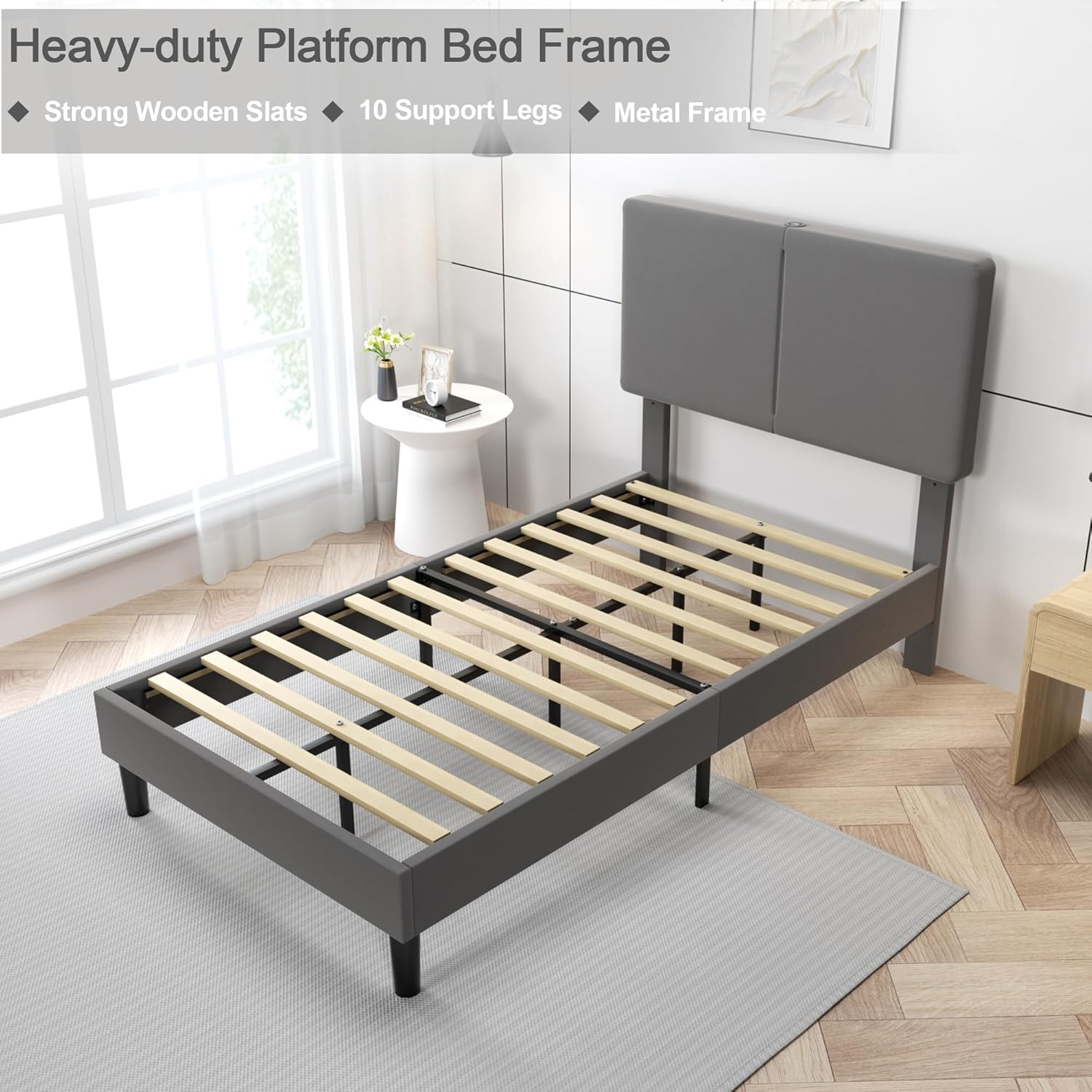 VECELO Twin/Full/Queen Bed Frame Upholstered Platform with Type-C & USB Ports Height-Adjustable Cotton and Linen Headboard