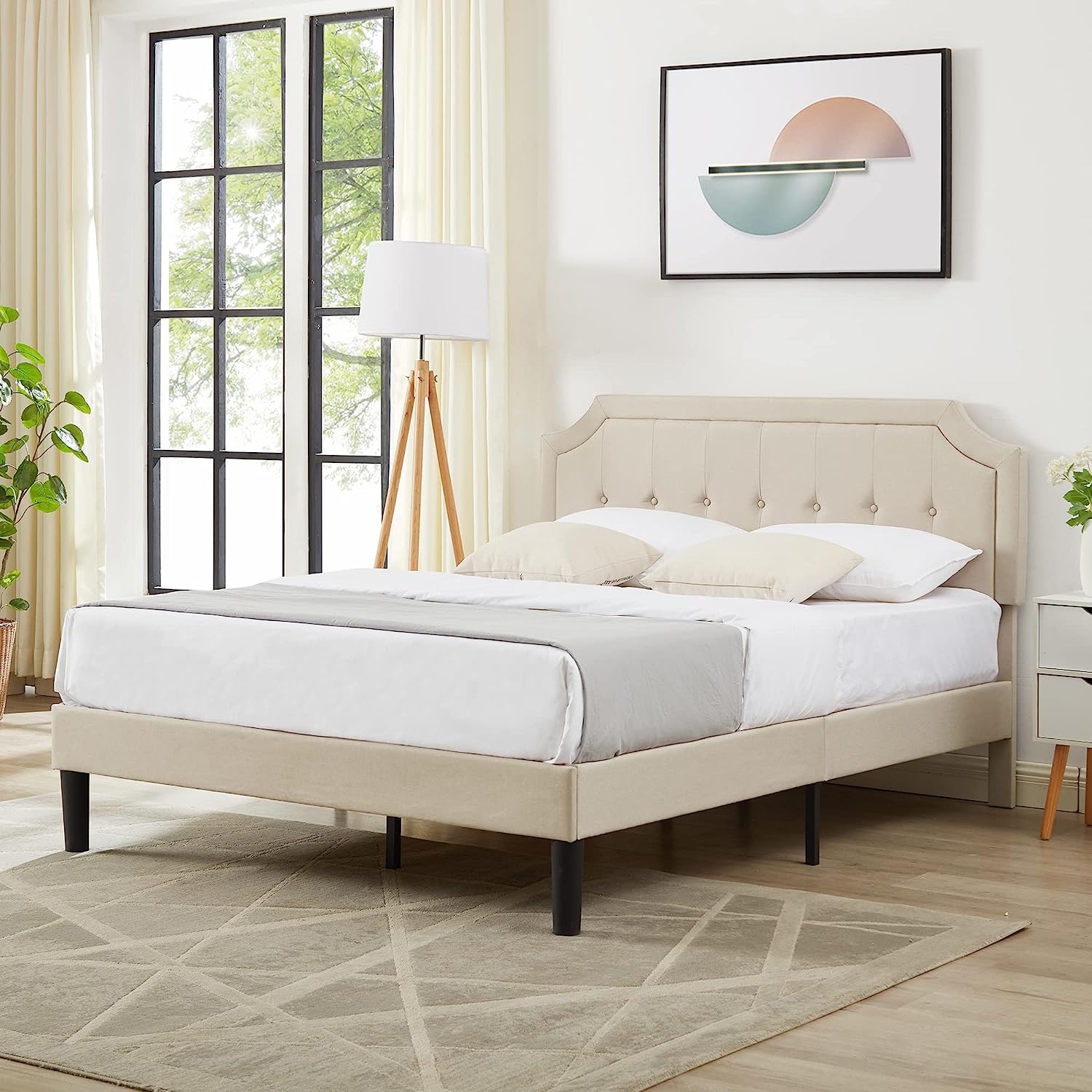 Premium Upholstered Platform Bed Diamond Stitched Panel Headboard