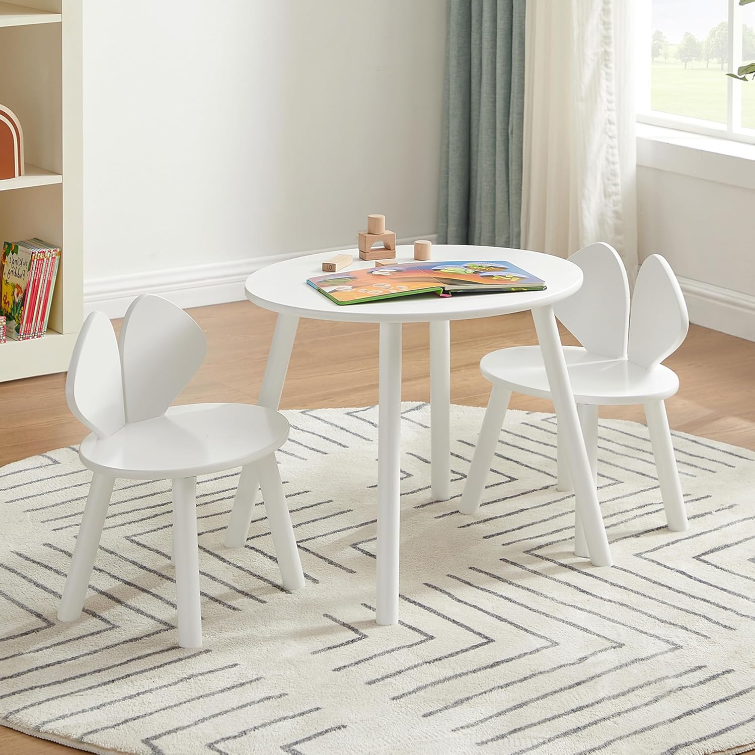 VECELO Kids Table and Chairs Set, Oval Tabletop and 2 Rabbit Chairs