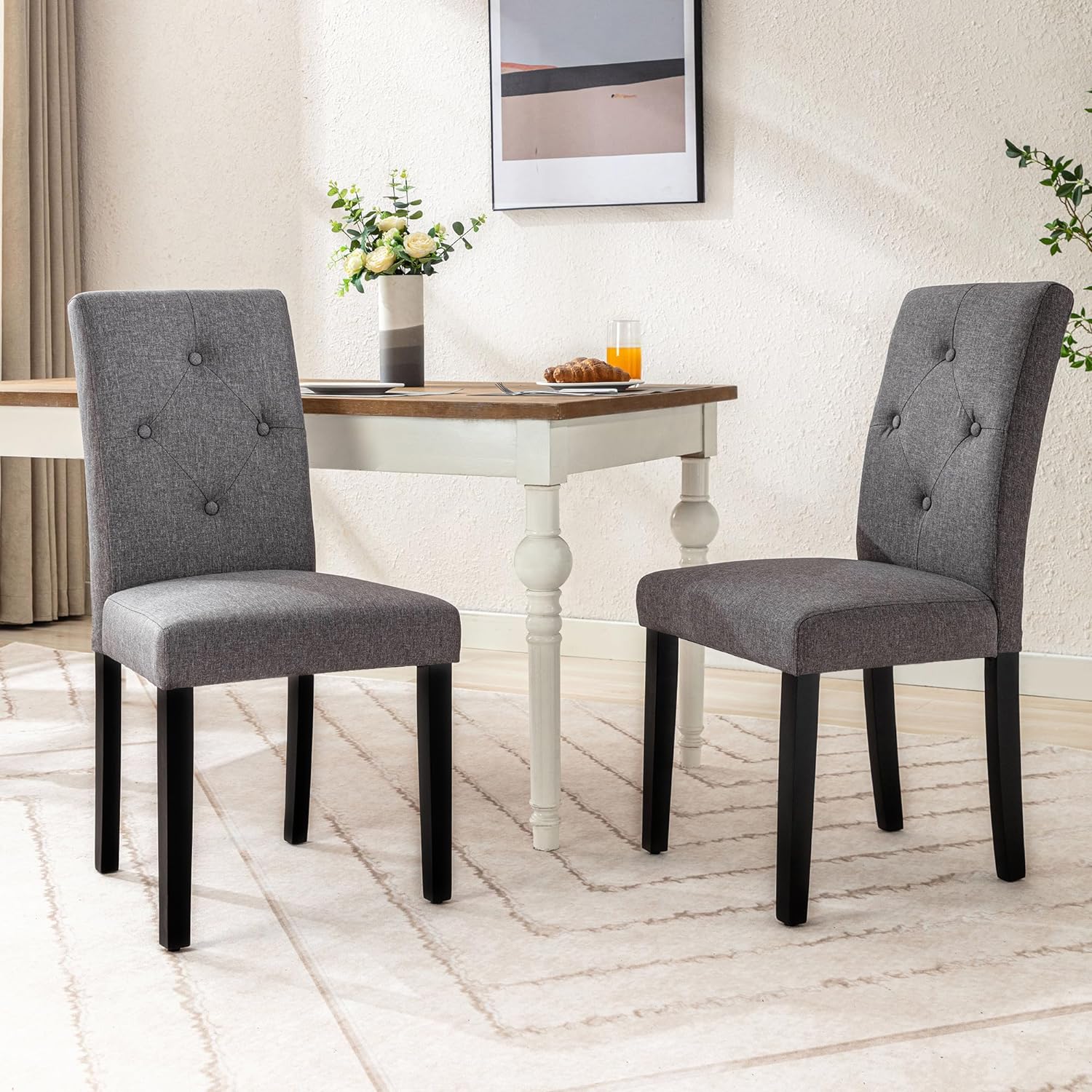 VECELO Upholstered Dining Set of 2 Modern Fabric Dinning Chair with Solid Wood Legs and High Back