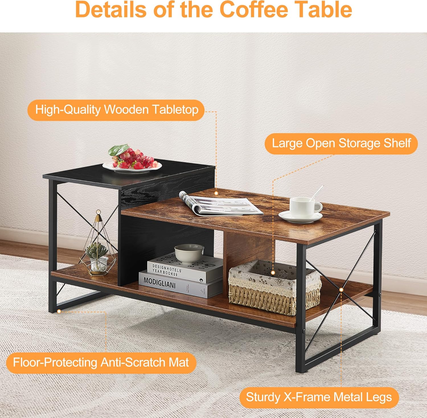 VECELO Wood 2-Tier Black Coffee Table with Storage Shelf