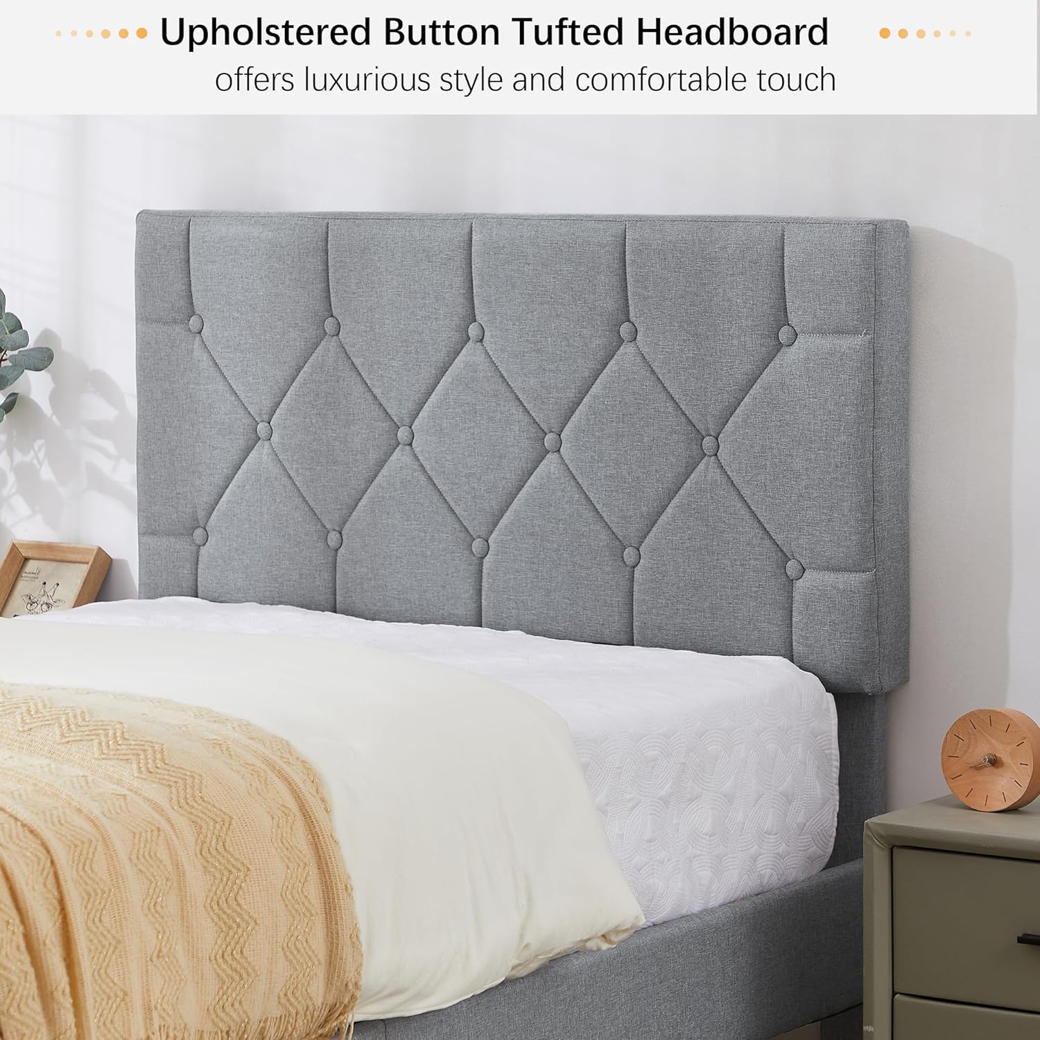 VECELO Queen Size Bed Frame, Upholstered Platform with Adjustable Diamond Tufted Headboard