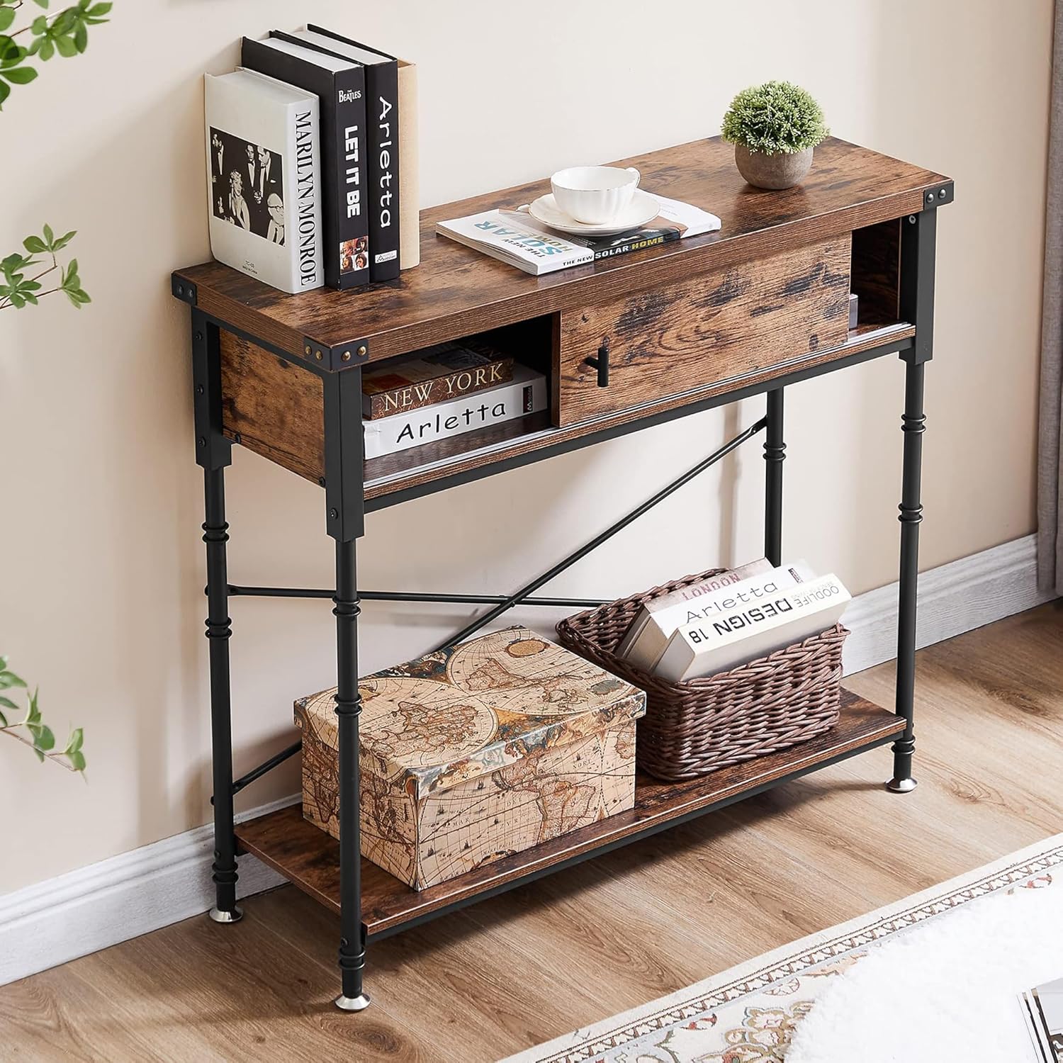 VECELO Console Table with Drawers, Narrow Wood Sofa Accent Furniture with Storage Shelf