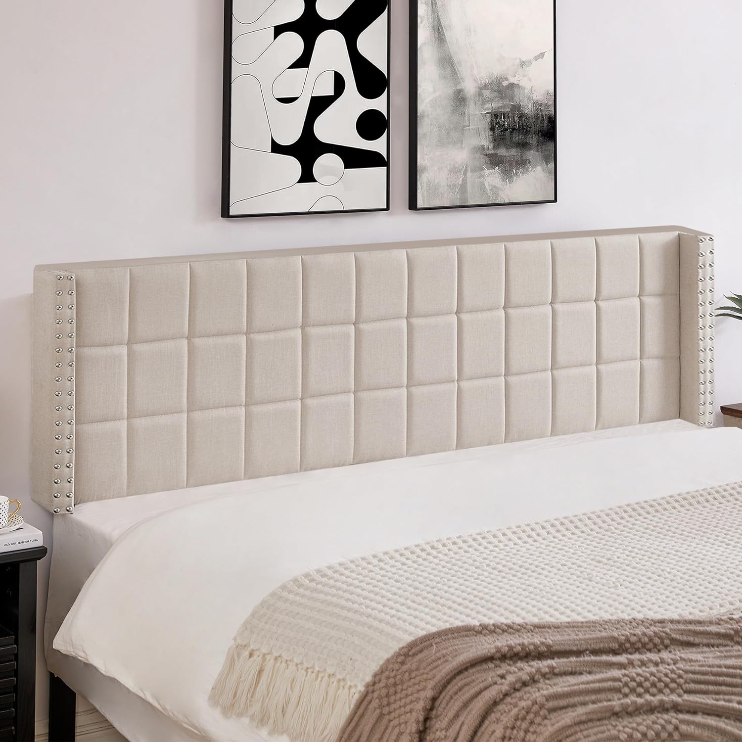 VECELO Linen Upholstered Headboard for Queen/King Size Bed, Tufted Nailhead & Double Wingback for Bedroom