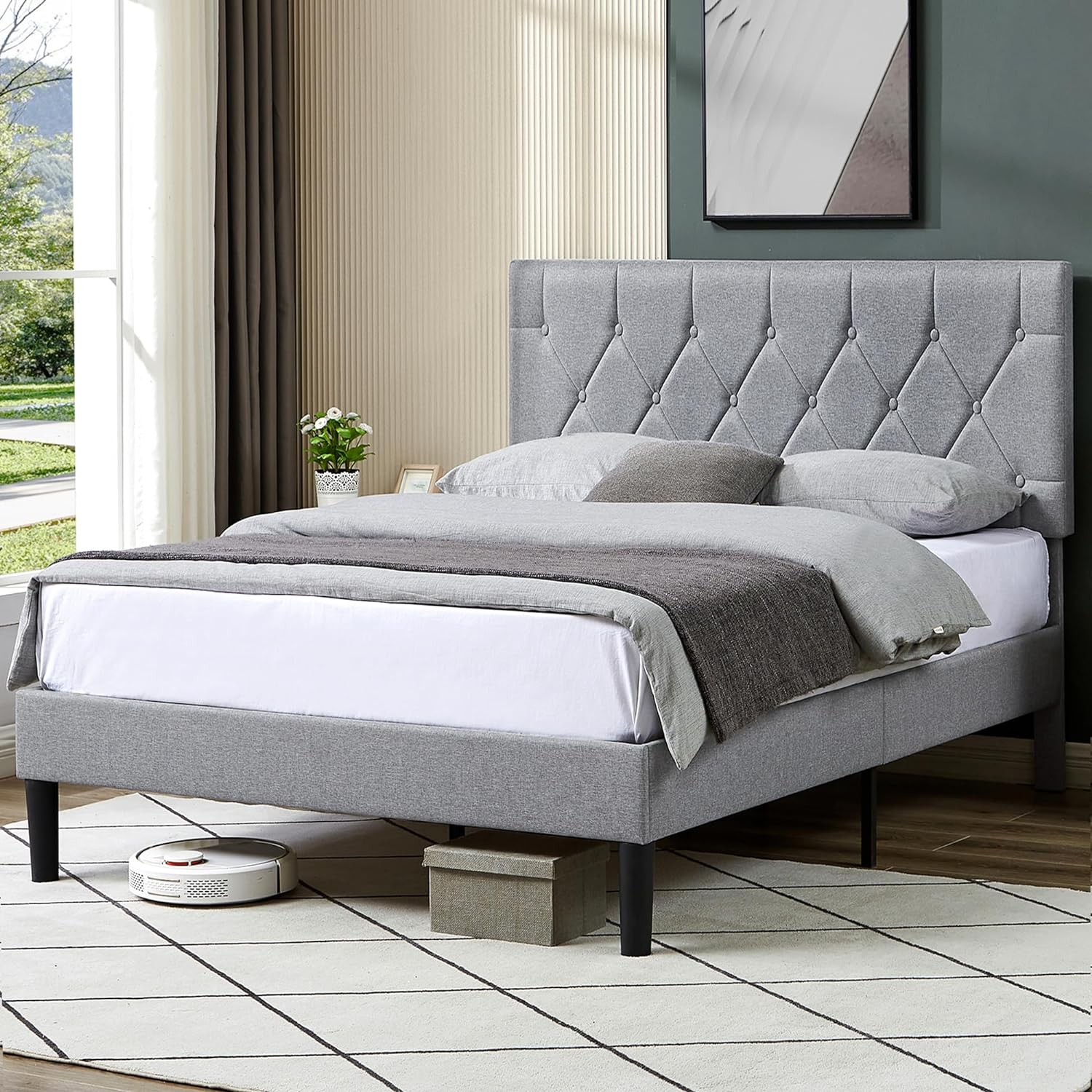 VECELO Queen Size Bed Frame, Upholstered Platform with Adjustable Diamond Tufted Headboard