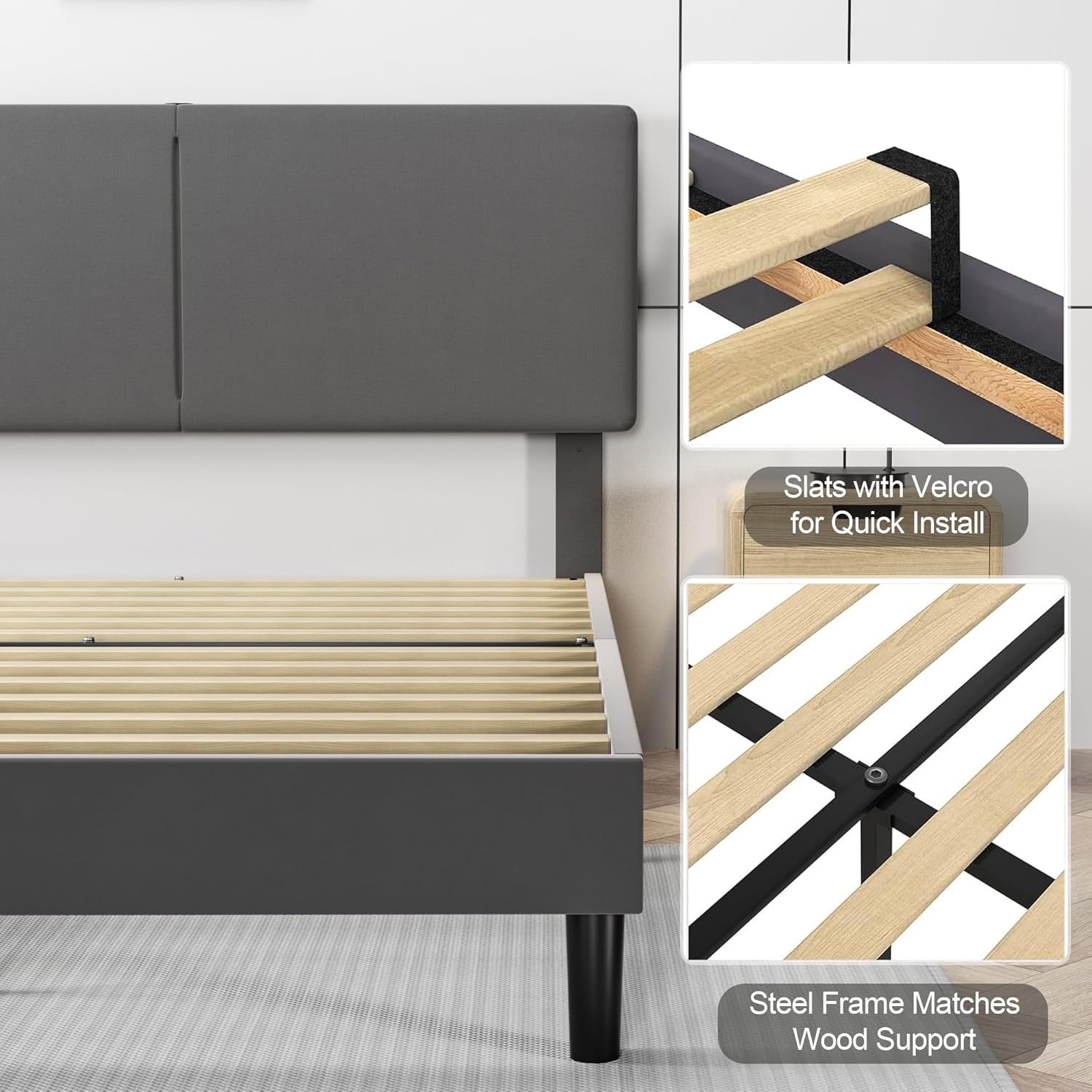 VECELO Twin/Full/Queen Bed Frame Upholstered Platform with Type-C & USB Ports Height-Adjustable Cotton and Linen Headboard