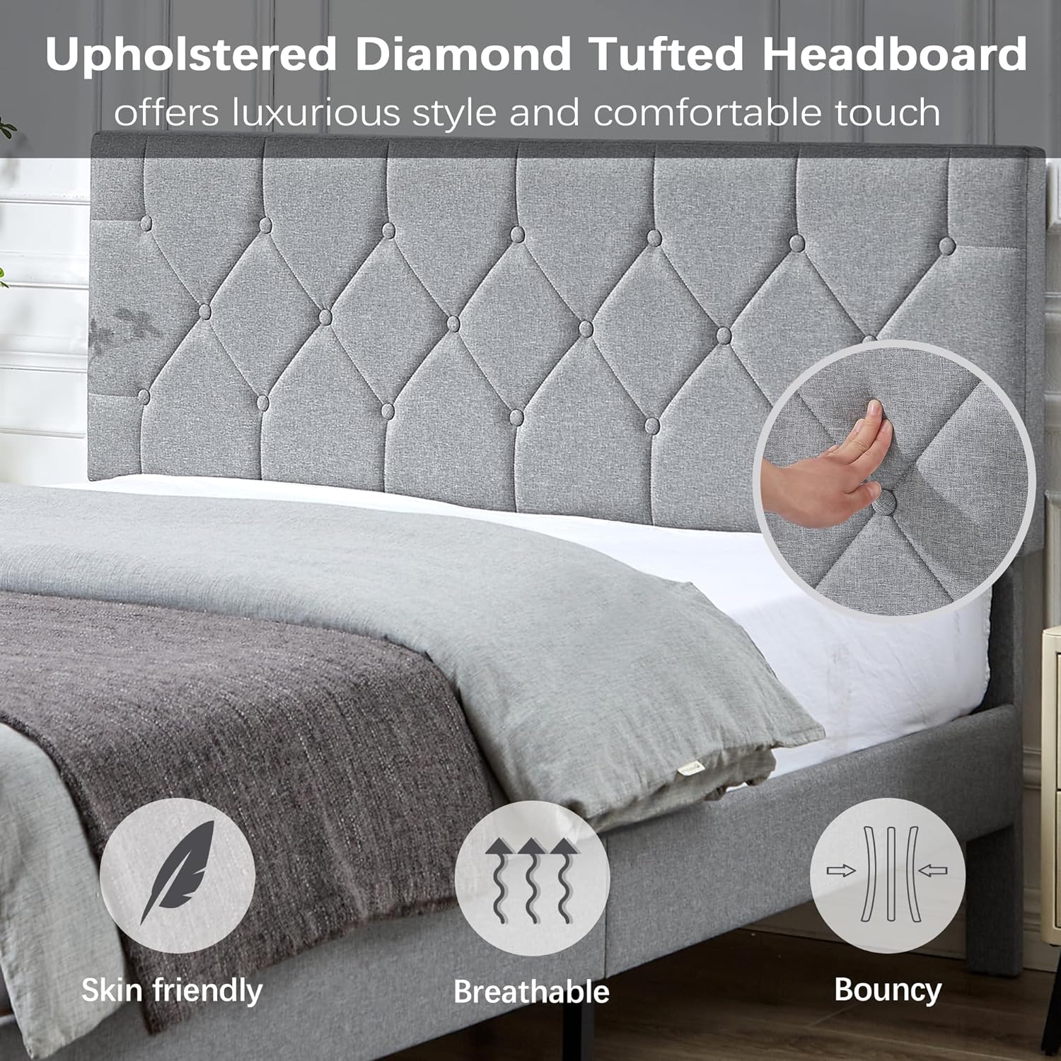 VECELO Queen Size Bed Frame, Upholstered Platform with Adjustable Diamond Tufted Headboard