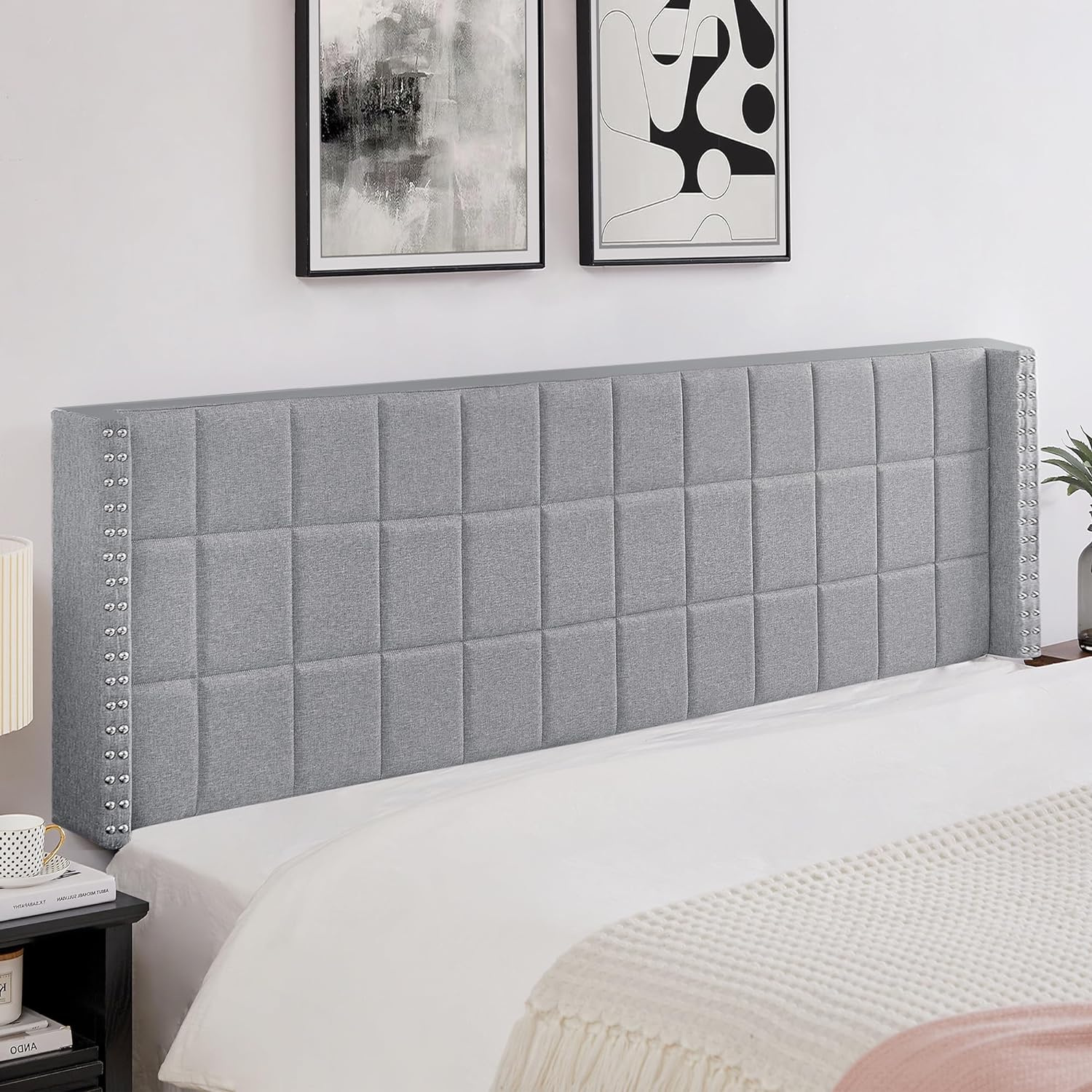 VECELO Linen Upholstered Headboard for Queen/King Size Bed, Tufted Nailhead & Double Wingback for Bedroom