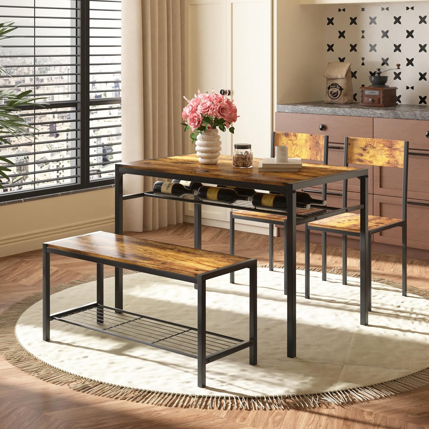 VECELO Kitchen Dining Room Table with 2 Chairs & Bench