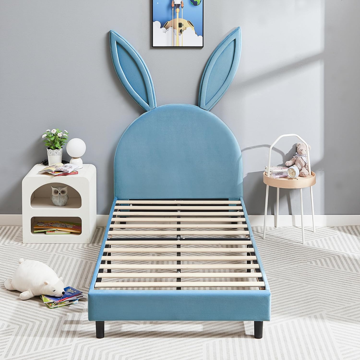 Blue upholstered online twin bed