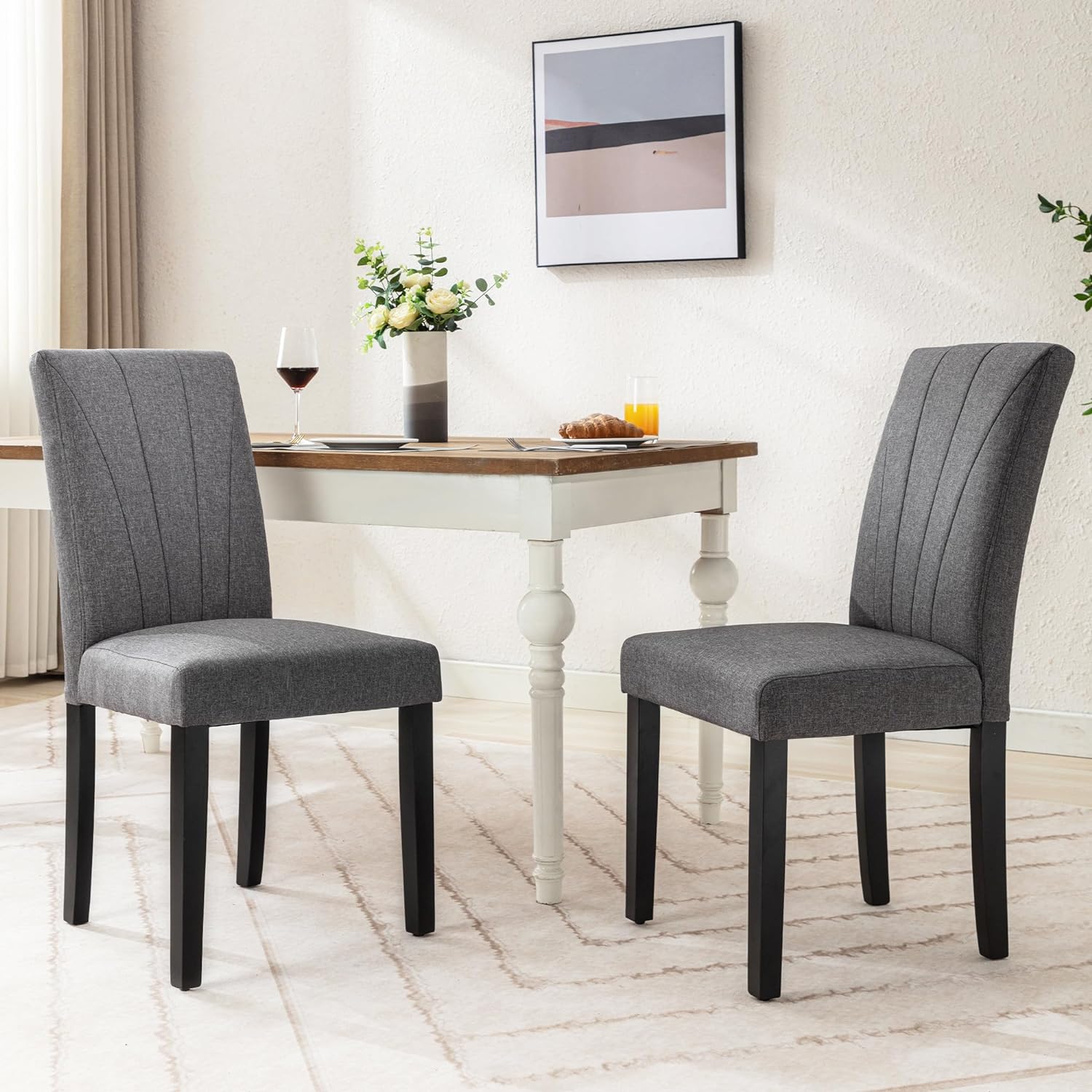 VECELO Set of 2 Upholstered Dining Chairs, Modern Fabric and Solid Wood Legs & High Back