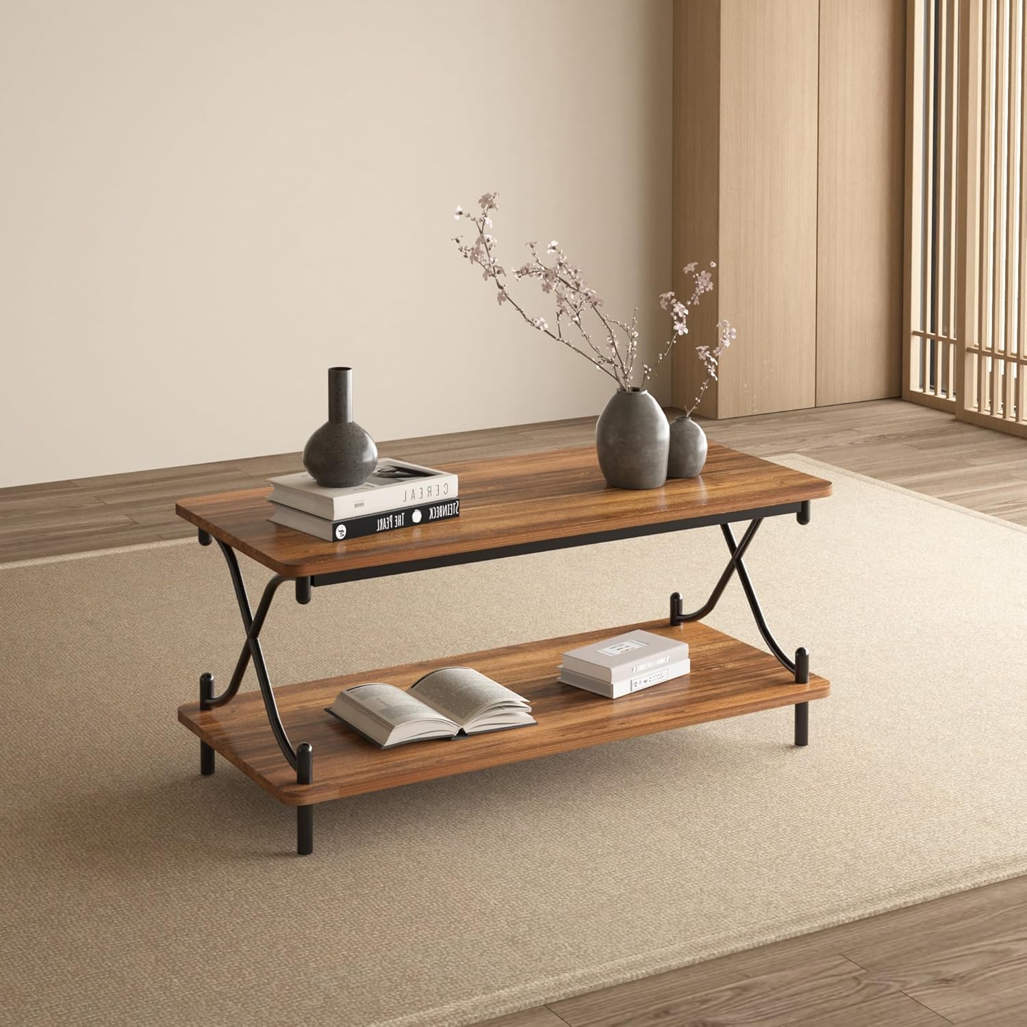 VECELO 39-Inch Coffee Table with Storage and Open Shelves