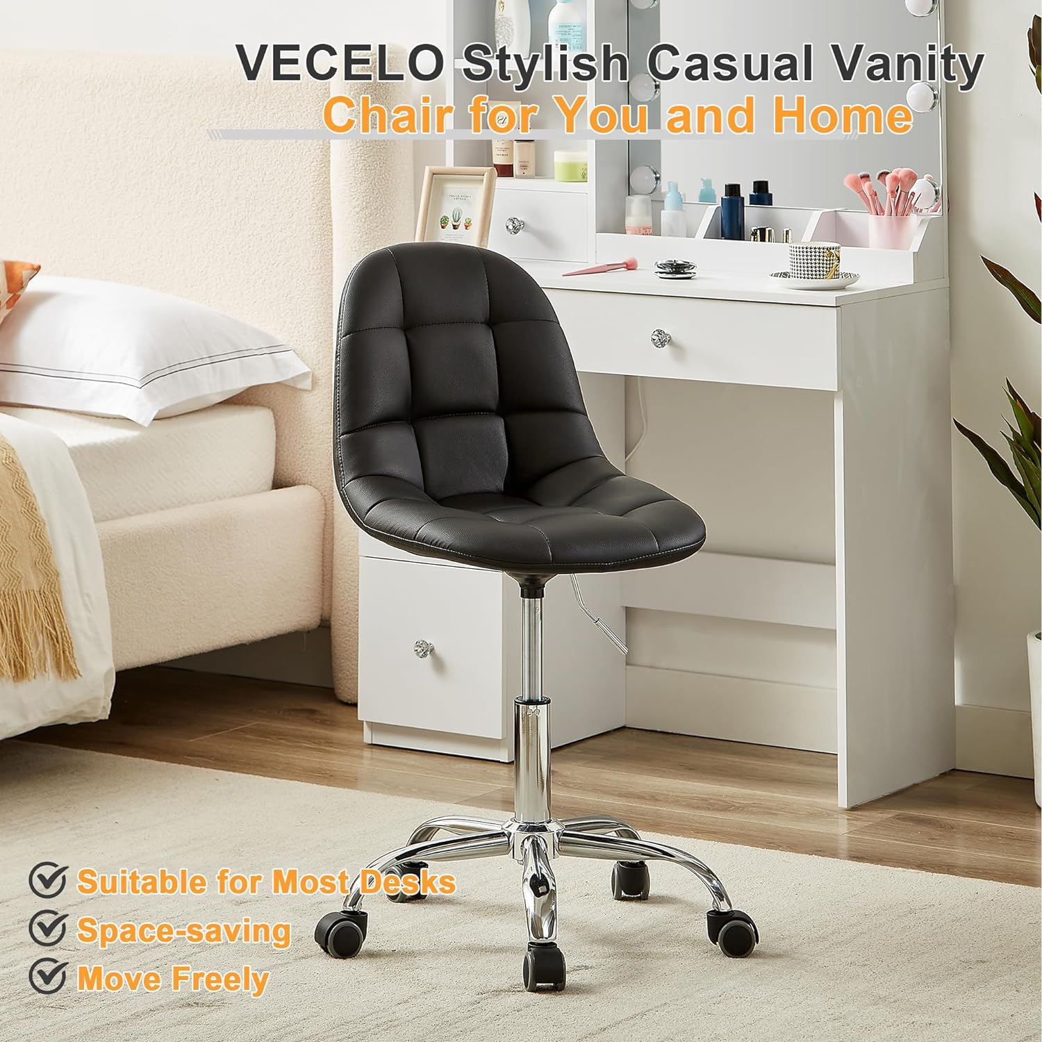 VECELO Small Desk Armless Low-Backrest PU Leather Ergonomic Computer C