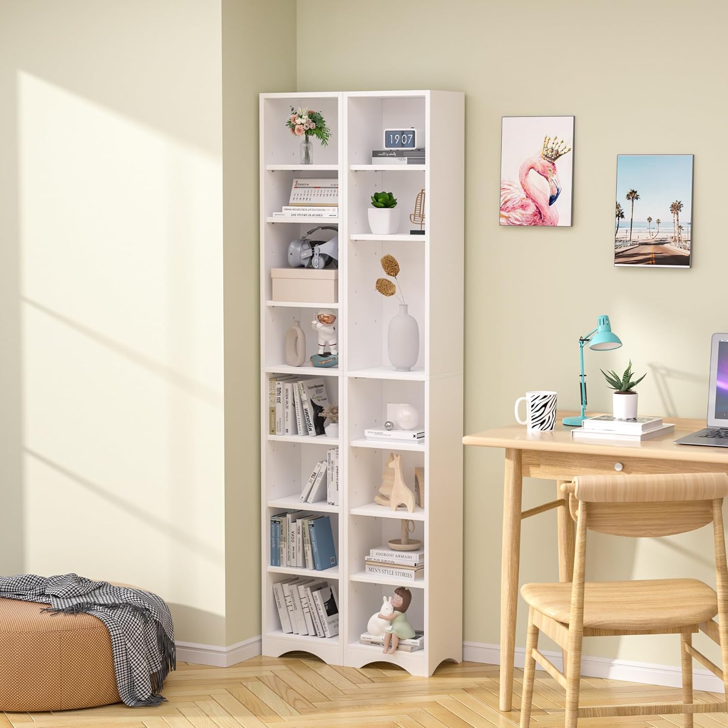 VECELO Tall Narrow Bookcase with Adjustable Shelves – Stylish Slim Storage Cabinet with Moisture-Resistant Base and Space-Saving Design for Home Office – Elegant White Finish