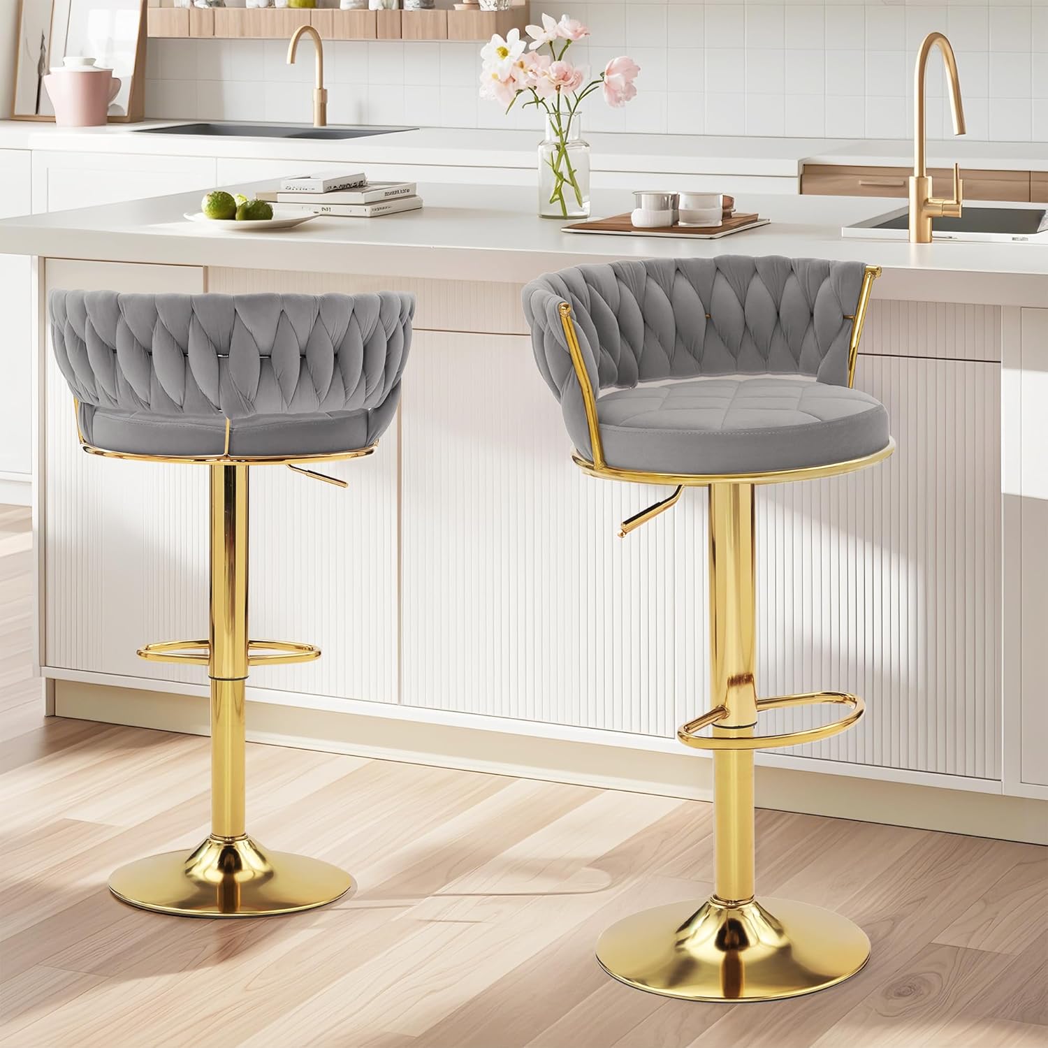 VECELO Bar Stools Set of 2, Adjustable Barstools Counter Height Stools with Back and Arm