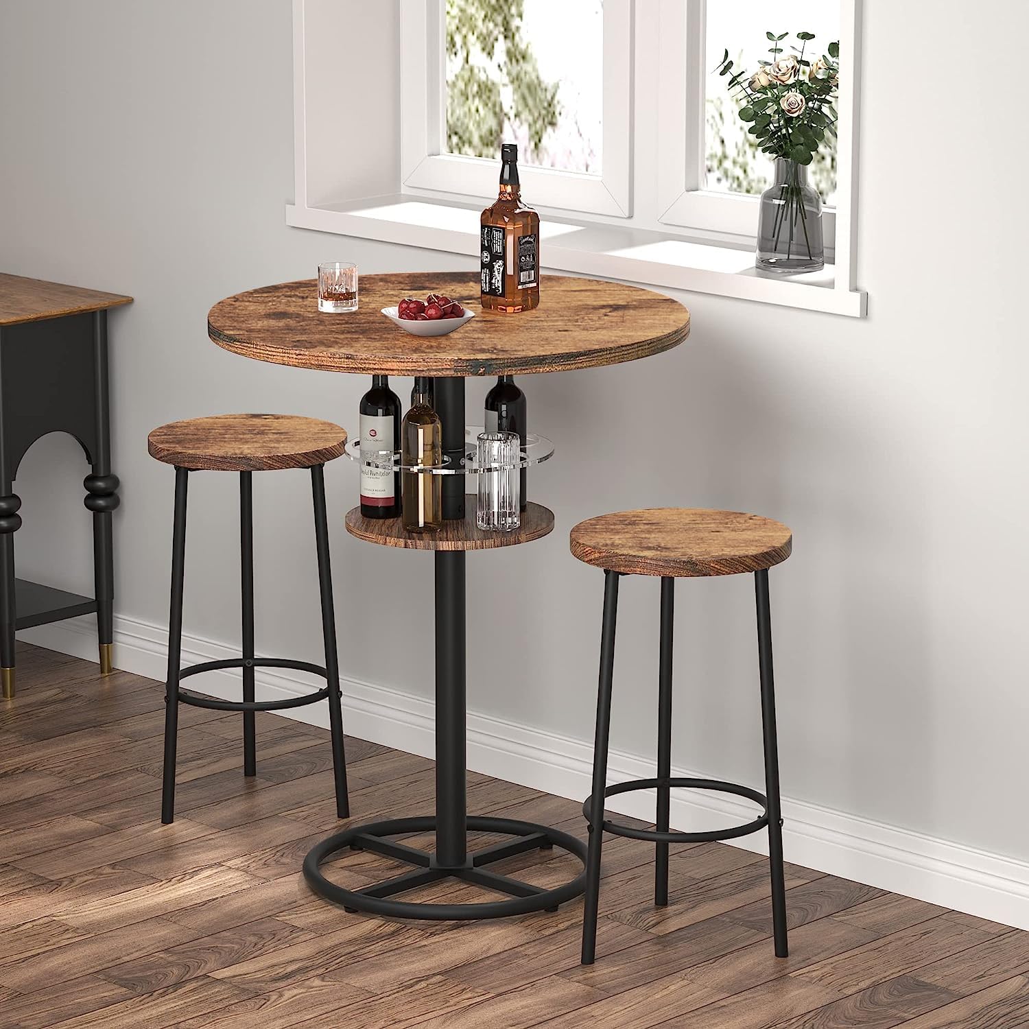 VECELO 3 Piece Bar Dining Set Small 2 Tier Round Pub Table with Barst