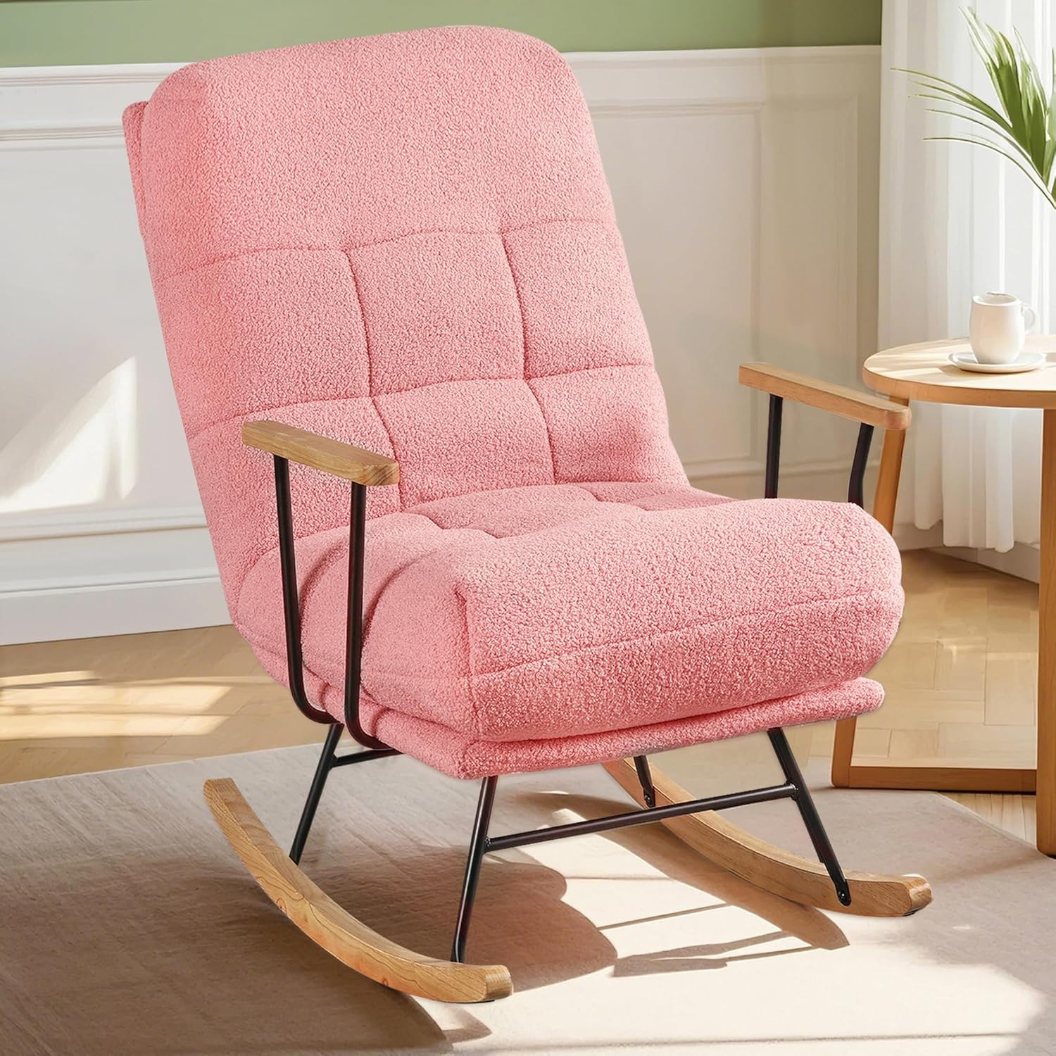 VECELO Rocking Chair Nursery Teddy Fabric Modern Upholstered Glider Rocker with High Backrest for Living Room