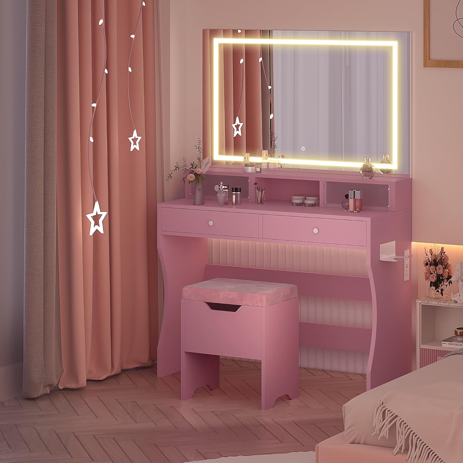 VECELO Vanity Desk with LED Lighted Mirror and Power Outlet