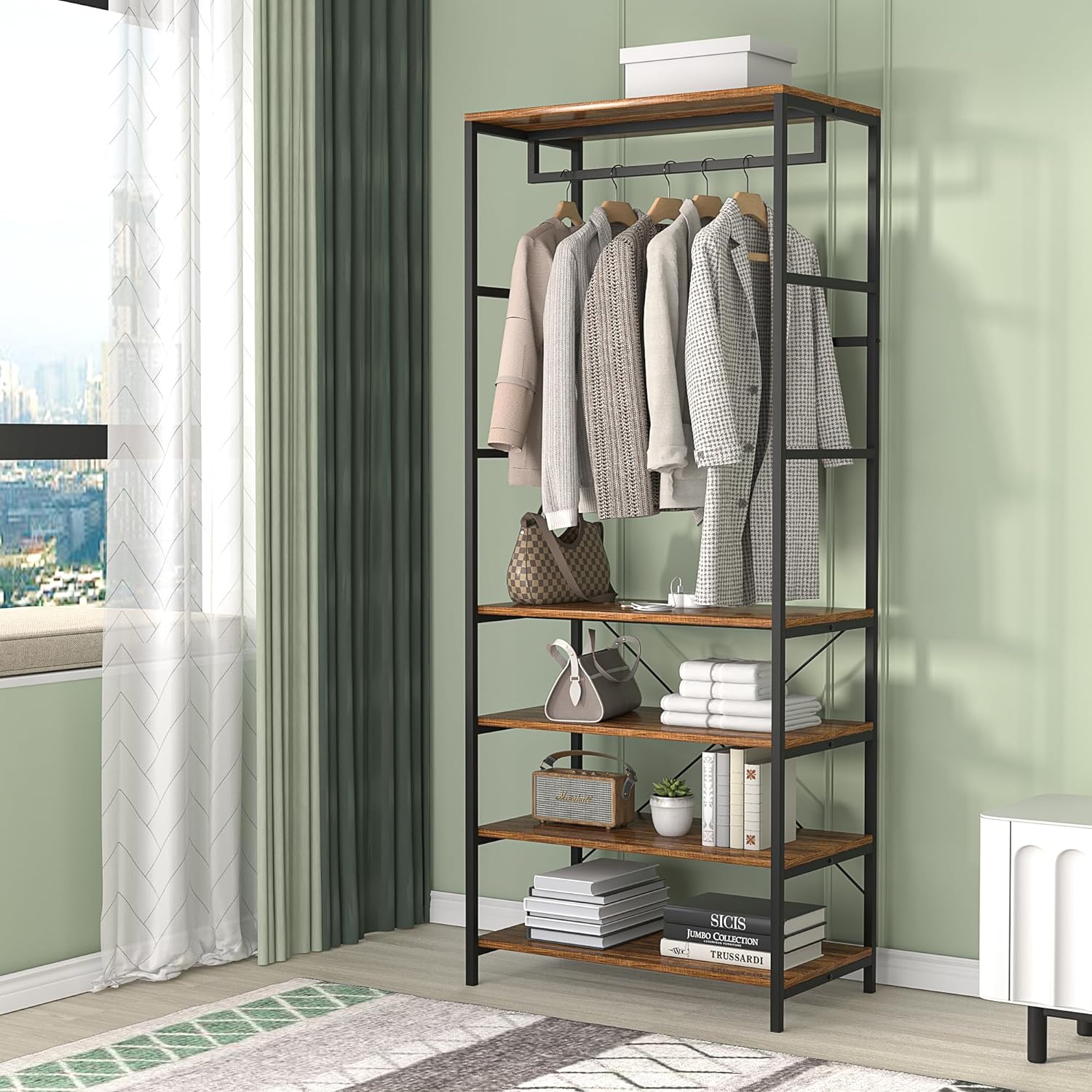 VECELO Coat, Entryway Hall Tree with 4-Tier Shoe Rack and Hanging Rod