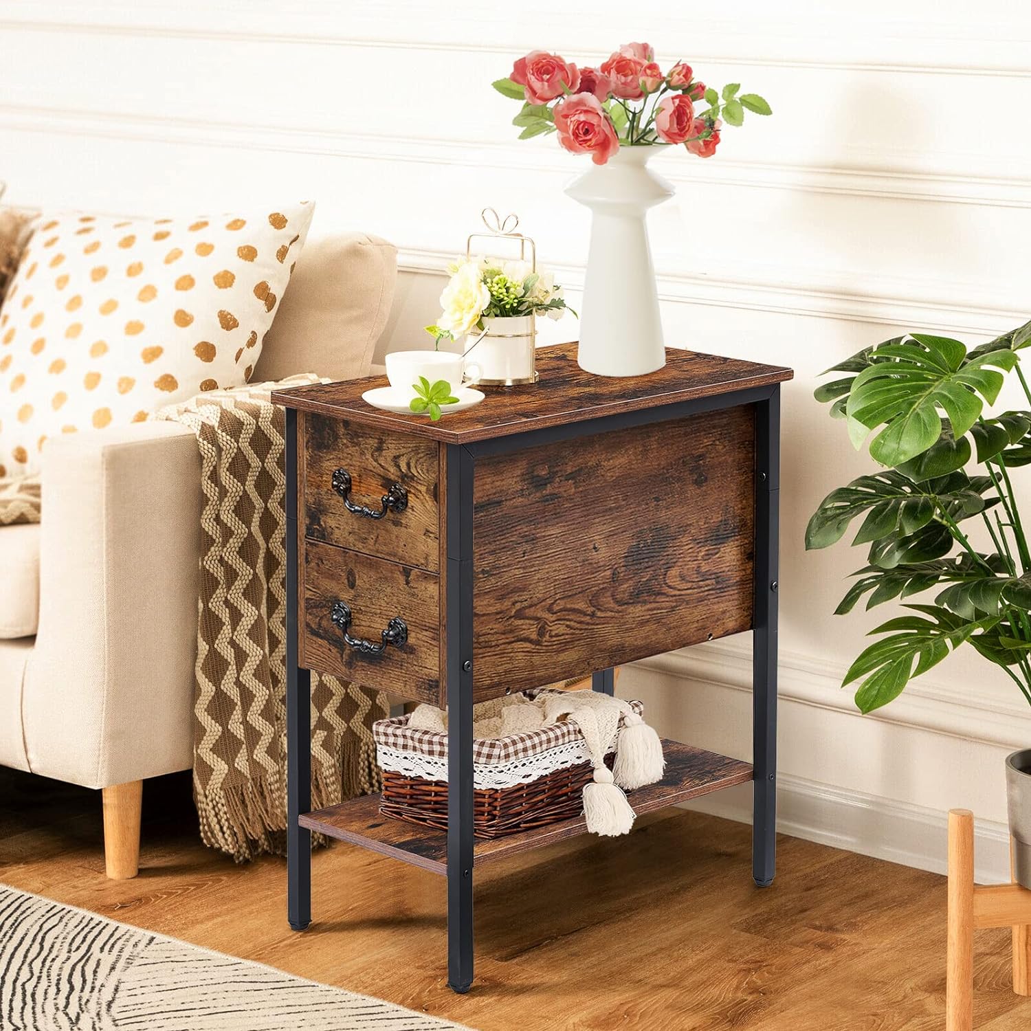 Compact End Table w/ Charging Station & USB Ports, Convenient Bedside Nightstand deals